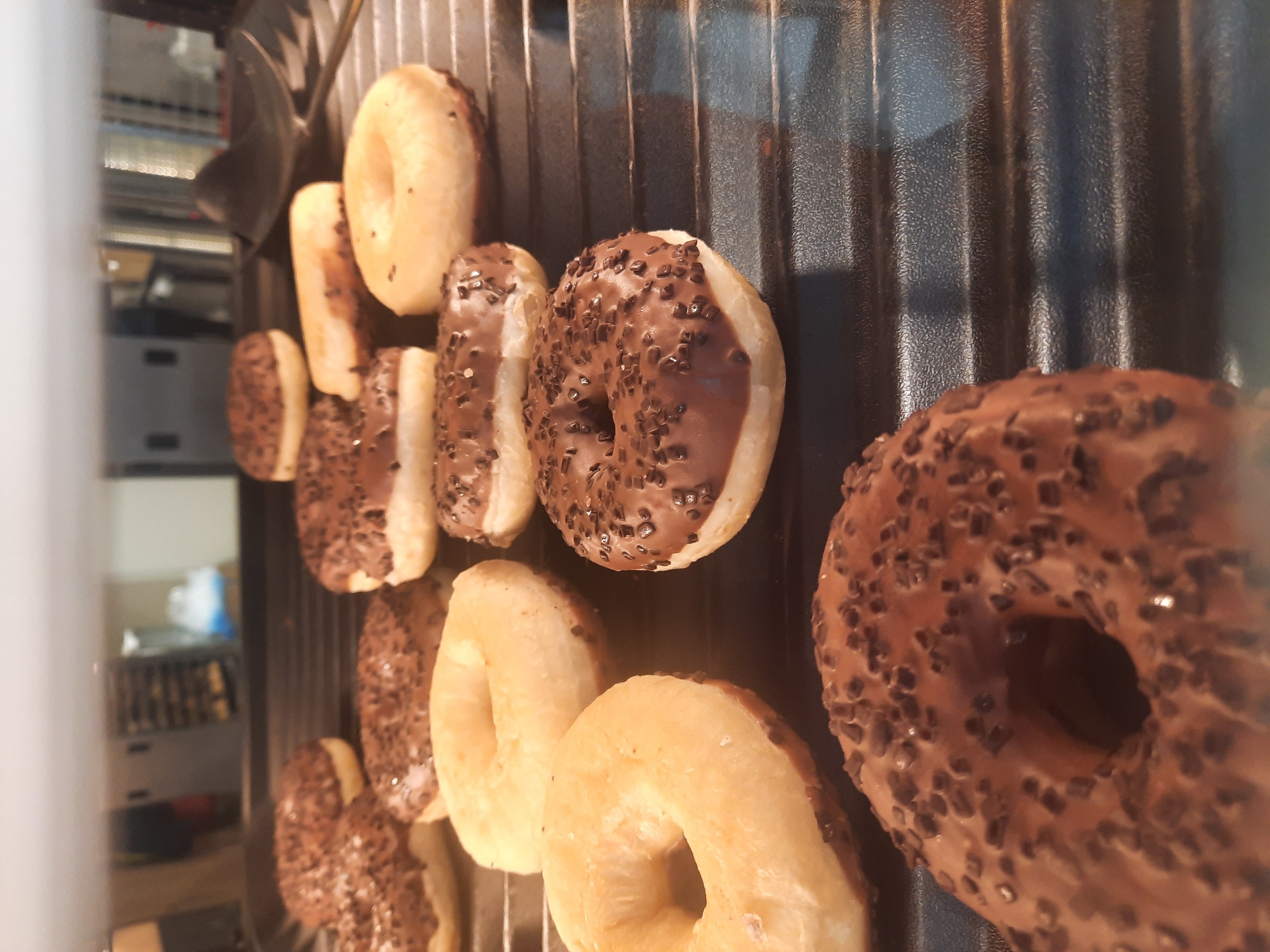 A close-up, low-angle shot shows a rack of donuts in what appears to be a commercial bakery or shop. The donuts are arranged in rows on a dark, ribbed surface, likely a cooling rack or display shelf. Most of the donuts are topped with chocolate frosting and sprinkled with chocolate jimmies, while a few appear to be plain or lightly glazed. The lighting suggests an indoor setting, possibly a display case or oven. The background is out of focus, but hints at shelving and equipment typically found in a food service establishment. There are no people visible in the image. The scene is devoid of any context that would place it specifically in Rosenheim, Germany.