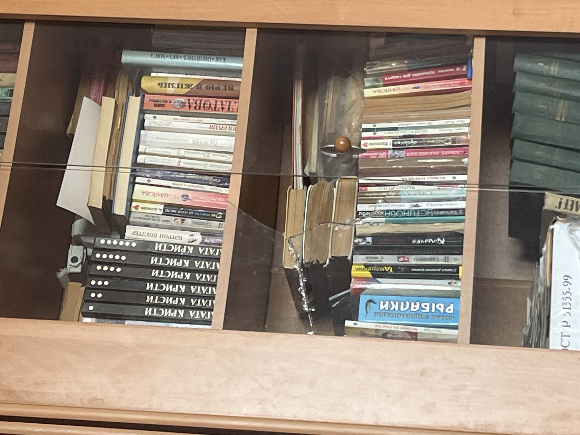 This image shows a bookshelf filled with various books. The bookshelf is made of wood and has glass doors. The books are arranged in rows and are of different sizes and colors. Some of the books have titles in Russian. The top shelf has several stacks of papers and a small object that appears to be a camera. The middle shelf is packed with books, some of which are leaning to the side. The bottom shelf also contains books. The overall impression is of a well-used and perhaps somewhat cluttered personal library. The image does not provide any information about the location in the city of Gari, Russia, or any specific details about people, actions, or interactions. It is a static scene of a bookshelf.