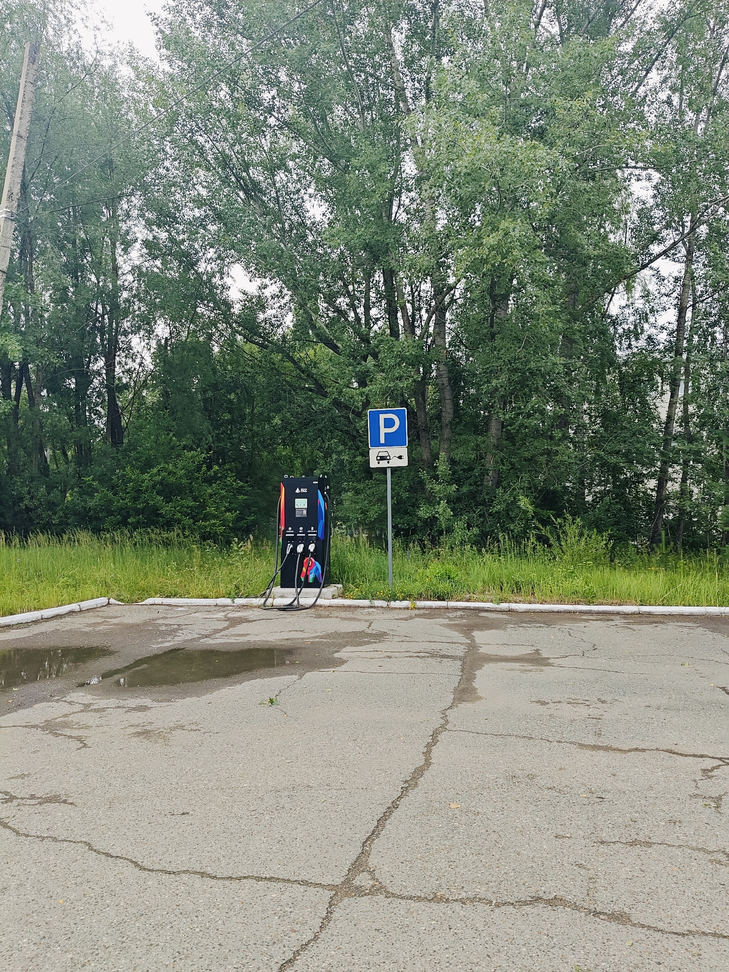 An electric vehicle charging station is situated in a paved outdoor area, likely a parking lot, with a grassy area and trees in the background. The charging station is a tall, black unit with colorful accents and several charging ports. Two thick black cables extend from the bottom of the unit, resting on the asphalt. A blue sign with a white "P" and an icon of an electric car is mounted on a pole to the right of the charging station. The paved surface is worn and cracked, with puddles of water visible, suggesting recent rain or damp weather. Tall, leafy trees form a dense green backdrop, and the sky appears overcast, indicating a cloudy day. There is no indication of people or any activity taking place; the scene appears to be deserted. The environment suggests a functional, outdoor charging spot, possibly in a somewhat remote or less developed area, given the natural surroundings and the condition of the pavement. The charging station itself appears modern and functional, contrasting with the weathered appearance of the surrounding infrastructure.