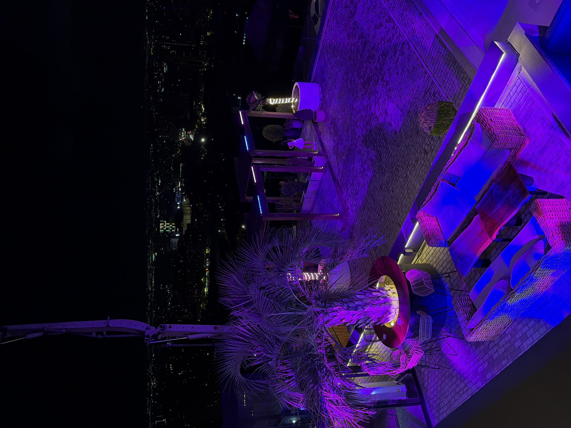 The image depicts a vibrant rooftop bar or lounge in Yerevan, Armenia, captured at night from an elevated perspective. The foreground of the scene is brightly illuminated with dominant artificial purple and blue LED lighting, creating a modern and atmospheric ambiance.
The rooftop area features an array of outdoor furniture, including sofas and chairs with cushions, made from a wicker-like material, arranged on a paved surface. A large palm tree, glowing purple from the lights and decorated with string lights, stands prominently. Other potted plants and greenery add to the decor. A wooden pergola structure, also lined with blue and purple LED lights, is visible. Near the palm tree, a distinctive circular red or pink structure, possibly a design element or a fire pit, is present. In one of the provided crops, a person, appearing to be a woman in a white dress, can be seen standing near the pergola.
Beyond the illuminated lounge, the background stretches into a dark night sky, punctuated by a vast expanse of twinkling city lights from the urban landscape below. A large, dark crane-like structure is visible on the left side, extending towards the distant city. The time of day is clearly night, evidenced by the darkness and the numerous artificial lights. The overall impression is that of a chic and lively evening venue offering panoramic views of the city. There is no visible text in the image.