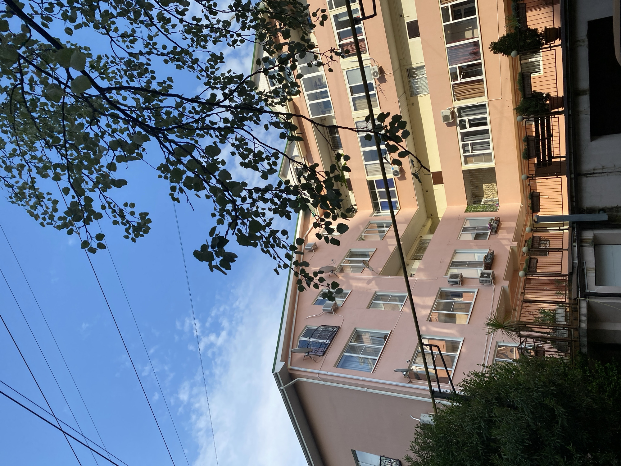 A low-angle shot captures a peach-colored multi-story building, likely an apartment complex, framed against a bright blue sky with scattered clouds. The building's facade includes numerous windows, some equipped with air conditioning units and satellite dishes. Balconies with railings and potted plants are visible on some floors. Tree branches with green leaves occupy the left side of the frame, partially obscuring the sky. Power lines stretch across the blue expanse. A second tree is partially visible at the lower-right side of the image. The location is potentially the city of Sochi, Russia.
