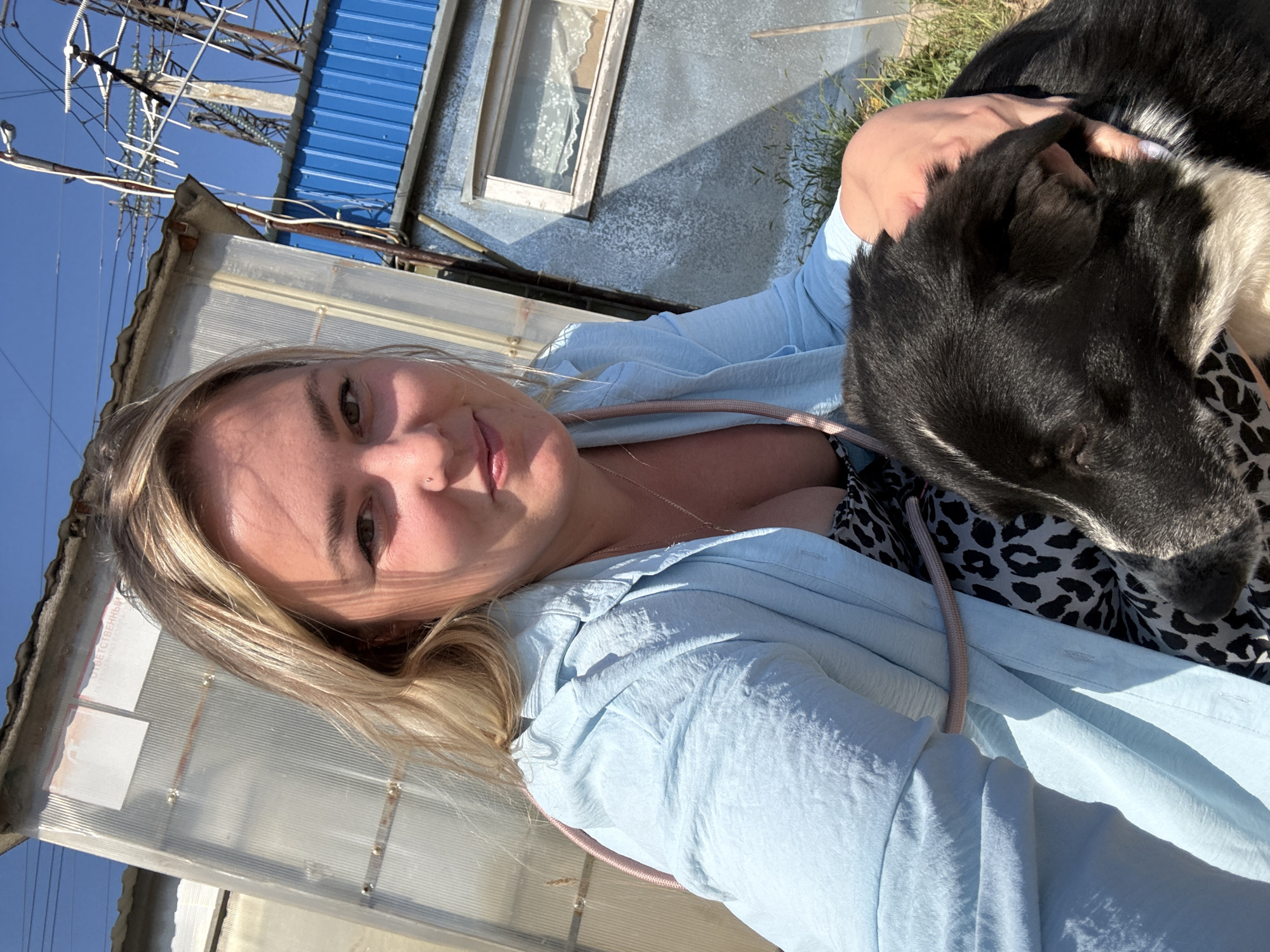 In Noviy, Russia, a young woman with blonde hair and a light blue open-collared shirt poses for a selfie outdoors. She is wearing a leopard-print top underneath, visible through the open shirt. A black and white dog is held in her arms, its head resting on her shoulder and chest. The background features a corrugated metal building with a blue roof, a clear sky, and some power lines. The woman's left hand is near the dog's head, and her right arm is wrapped around it. The overall lighting suggests a sunny day.