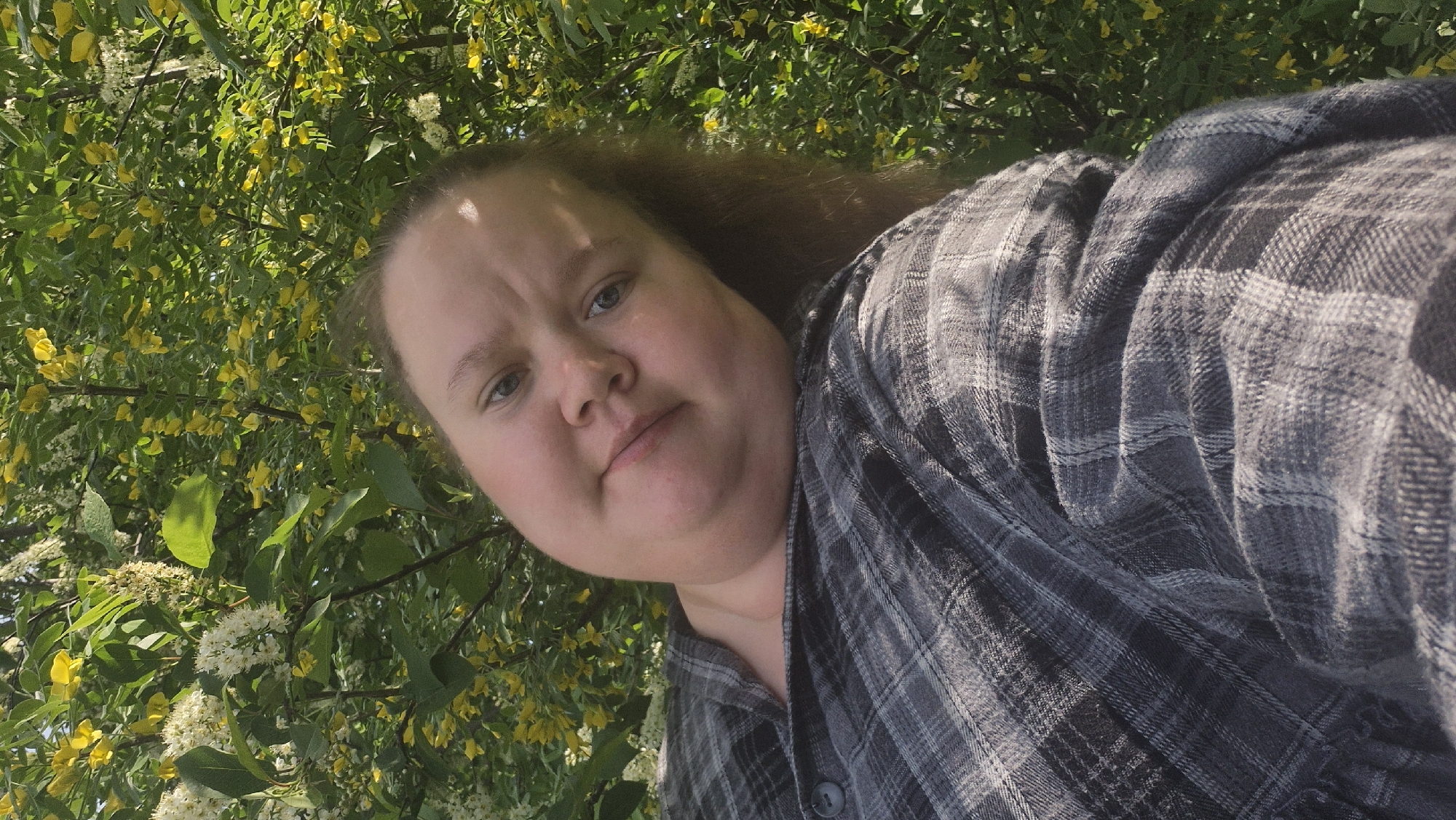 A person wearing a grey and black plaid shirt is partially framed by green foliage and yellow flowers. The person is the primary subject, with their face and part of their upper body visible. The background consists of dense greenery with some white flowers interspersed among the yellow blooms. The location is unknown and there is nothing in the image to determine it is in the city of Chaikovsky, Russia.