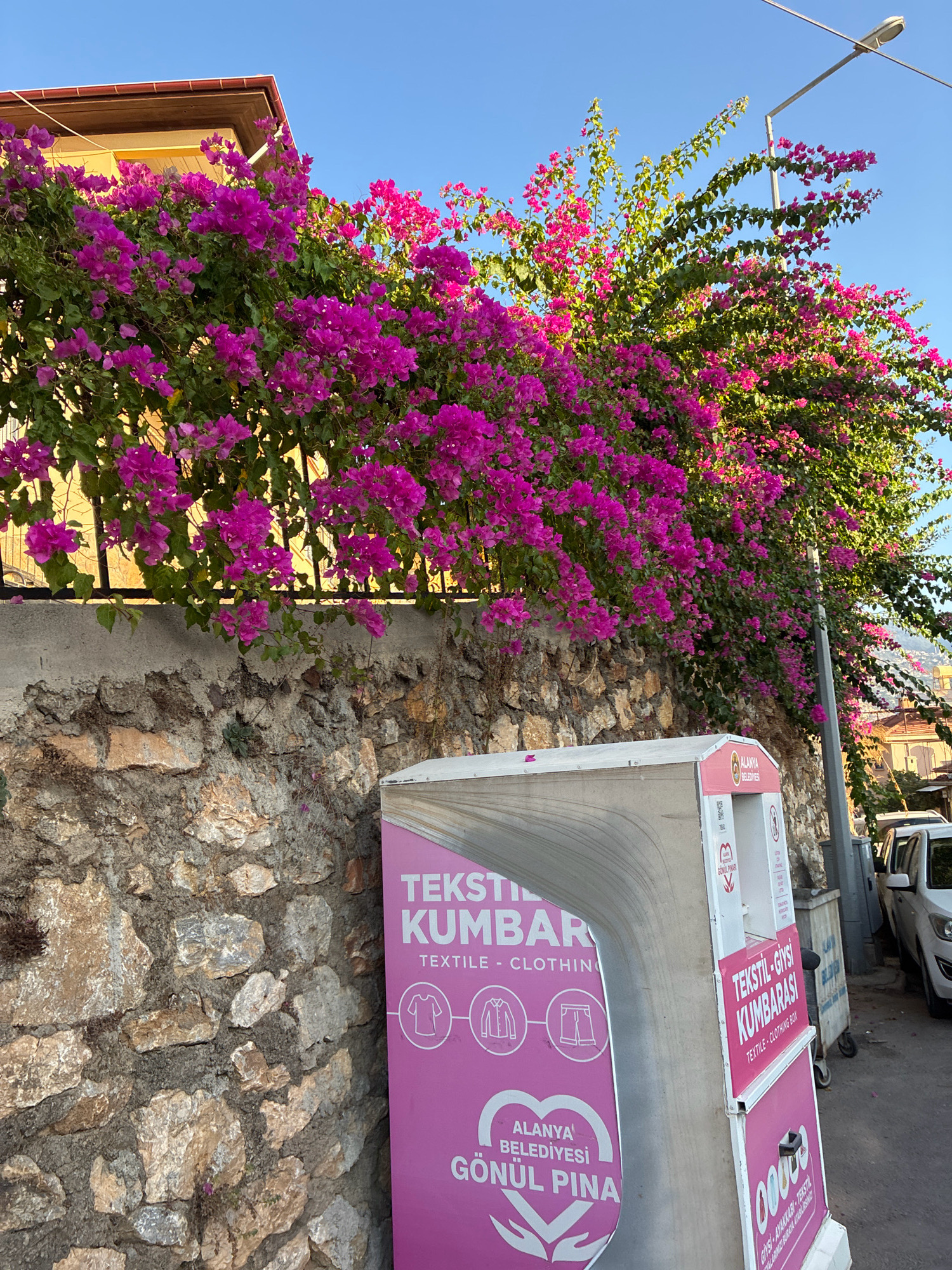 In Alanya, Turkey, a street scene unfolds under a clear blue sky. A textured stone wall dominates the foreground, with vibrant pink bougainvillea cascading over its top and a black metal fence. To the right of the wall, a pink recycling bin labeled "TEKSTIL-GIYSI KUMBARASI" (Textile-Clothing Box) stands prominently. Beside it, another similar bin is partially visible. Further down the street, the corner of a white vehicle is parked. The background reveals more buildings and the distant silhouette of hills.