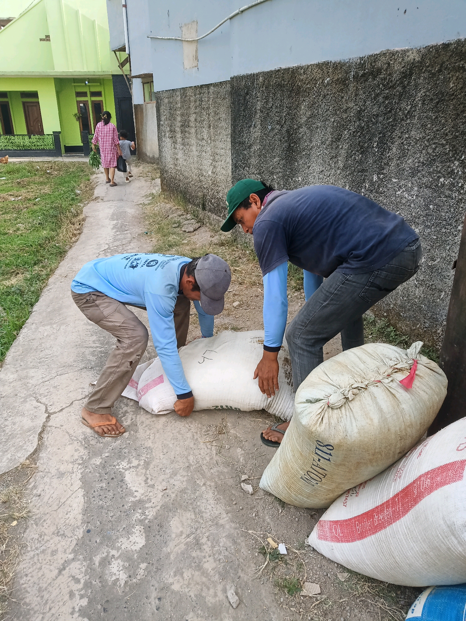 The image depicts an outdoor scene in Garut, Indonesia, likely a residential area or a pathway adjacent to a building. Two men are engaged in handling large sacks, possibly of grain or other bulk material. One man, wearing a blue long-sleeved shirt and grey cap, is bending down and appears to be lifting or adjusting a white sack. The other man, in a dark blue t-shirt, blue long-sleeved undershirt, and a green cap, is also bending over and reaching towards the sacks. Several large sacks are visible, some are white with red and black lettering, and one is a light beige color with blue lettering that reads "811-ATOM". In the background, a woman in a red and white checkered dress and a child are walking away, and a bright green house with dark-framed windows is visible on the left. The ground is a paved walkway with some cracks and patches of dirt and dry grass. The wall of a building, constructed of rough, textured concrete, forms the right boundary of the scene. The overall impression is one of daily activity, possibly related to farming or distribution of goods.