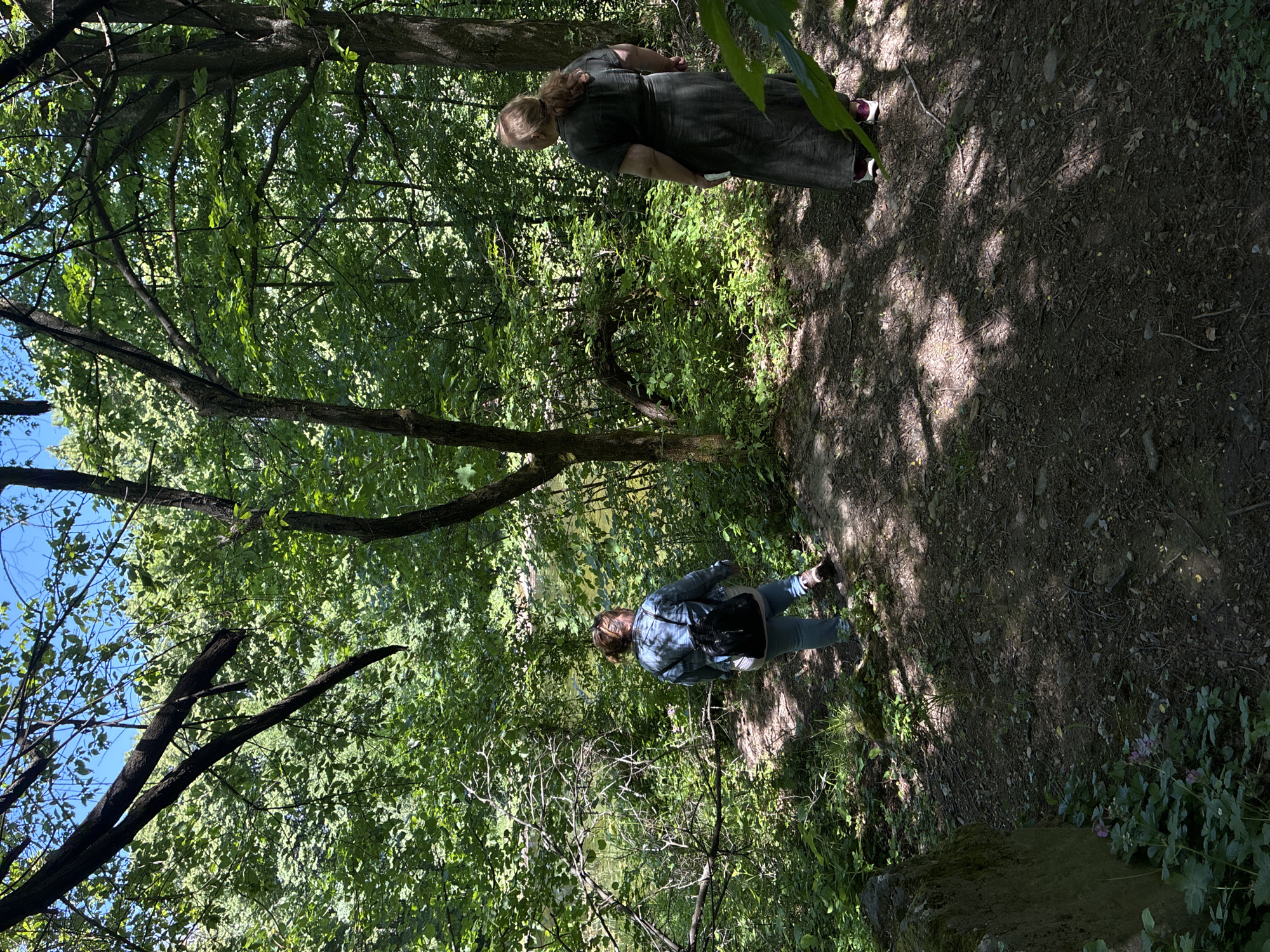 The image depicts a wooded area with two women on a dirt path. One woman is wearing a long, dark dress with sneakers and is facing away from the camera. The other woman is wearing a denim jacket, light-colored jeans, and a backpack. They are both walking on a dirt path through a forest with dappled sunlight. A body of water may be visible through the trees.
Based on the provided context, the location could be in Sofia, Bulgaria.