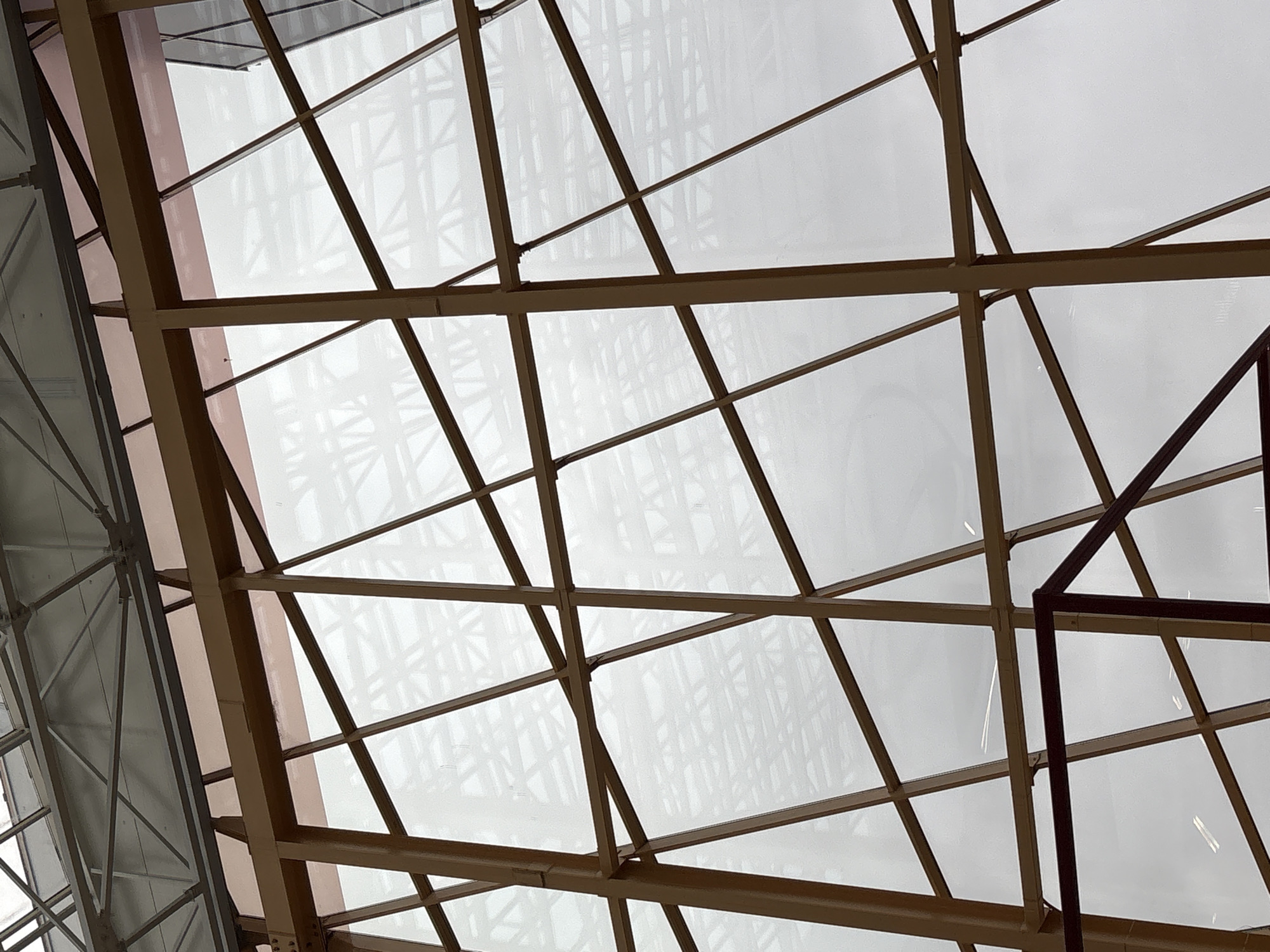 The image shows a view looking up at a skylight or roof structure with a complex network of intersecting metal beams and supports. The beams are primarily brown and some are dark brown. The structure appears to be part of a large building, possibly an airport or a shopping mall, based on the scale and design. Outside the skylight, the sky is overcast and gray, creating a diffused light. It is not possible to determine the location in Saint Petersburg, Russia, from this image alone.