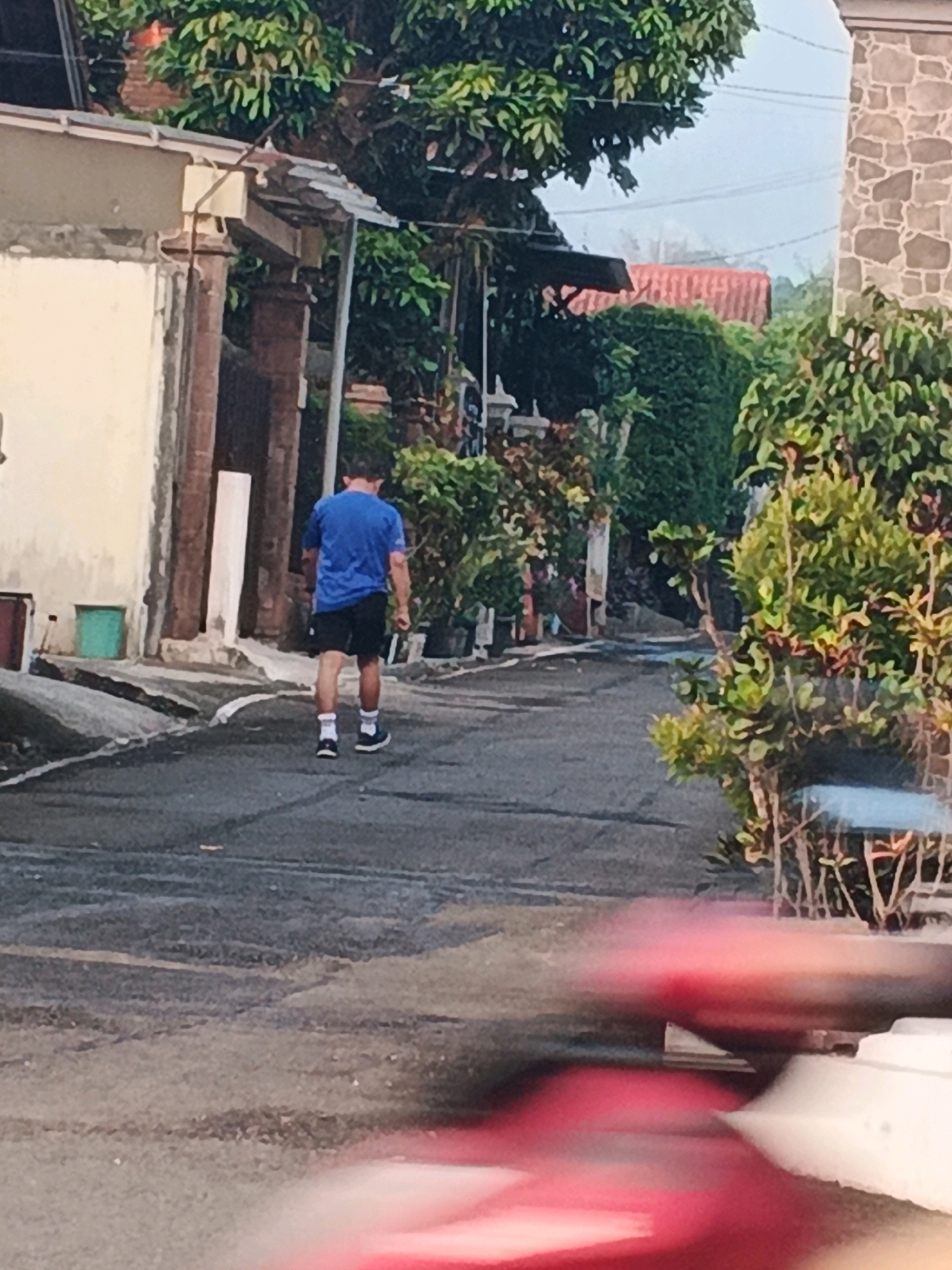 The image depicts a person walking away from the camera on a paved street in a residential area. The individual is wearing a blue t-shirt and black shorts, with white socks and black shoes. The environment suggests a tropical or subtropical climate, with lush green trees and vegetation lining the street. Buildings with light-colored walls and stone accents are visible on either side. The street appears to be a residential road with some slight incline. In the foreground, there is motion blur, indicating movement, possibly of another vehicle or person. The lighting suggests it is daytime, with a soft, diffused light. The scene is likely located in a city like Semarang, Indonesia, given the architectural style and vegetation commonly found in such regions.