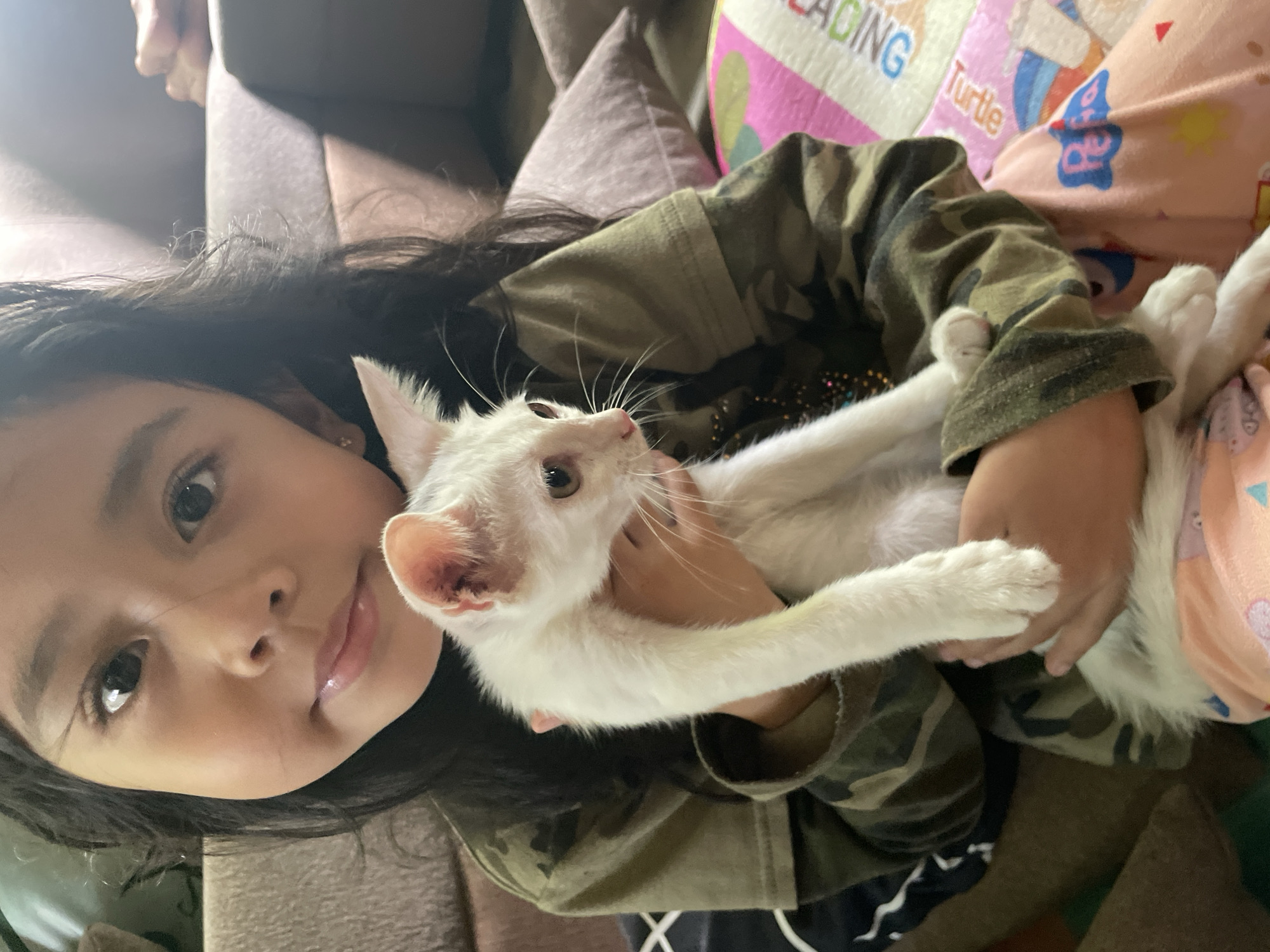 A girl is holding a white cat. The girl has long, dark hair and is wearing a camouflage jacket. The cat is looking up to the right. The background includes a sofa and a pillow with children's designs. The location is Hijo, Philippines.