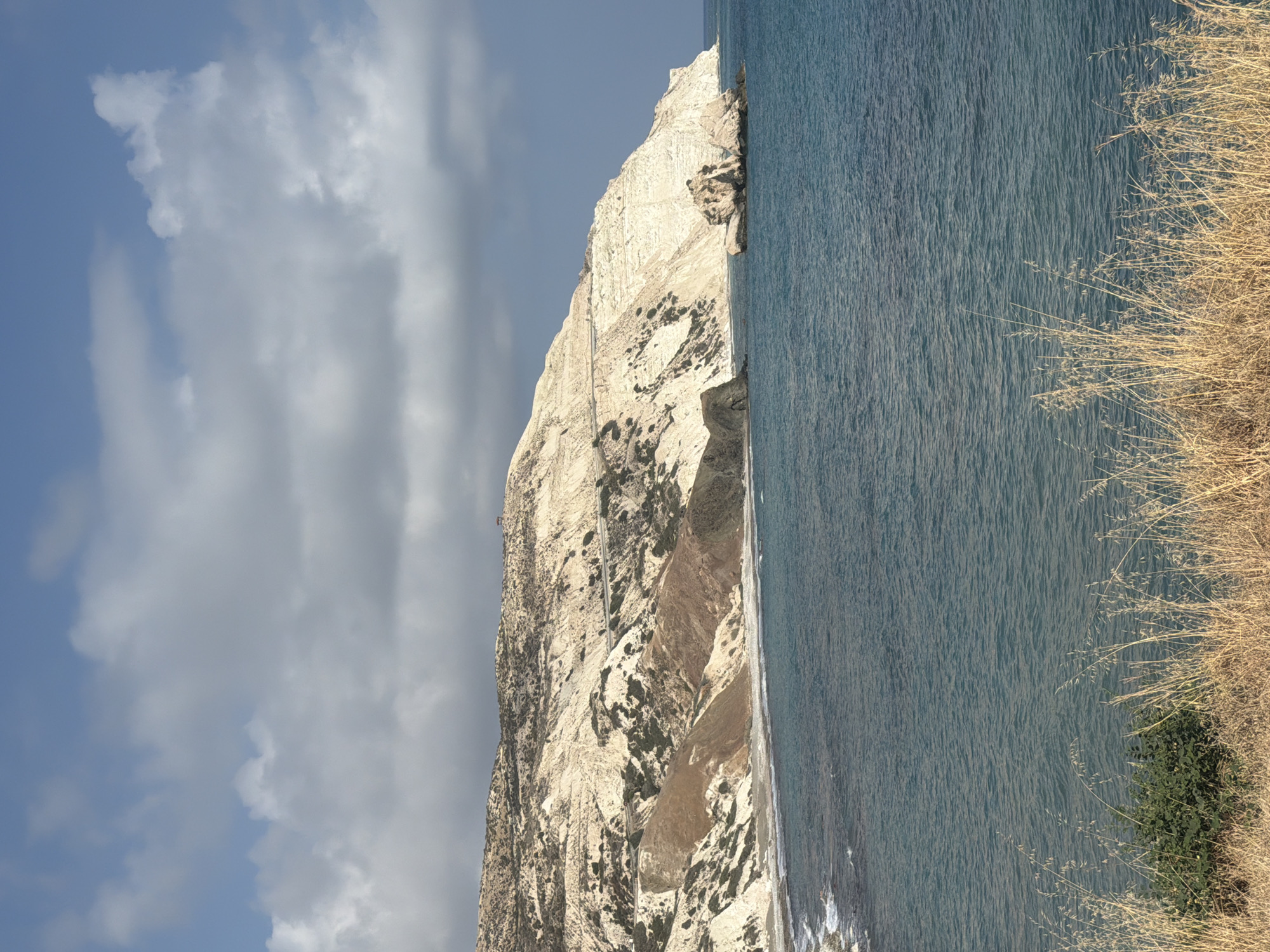 The image depicts a coastal landscape with a prominent white cliff face overlooking a turquoise sea. The cliffs are rugged and layered, with patches of sparse vegetation. A winding road can be seen snaking along the top of the cliff. In the foreground, dry grass and a small green bush are visible. The sea is calm, with gentle waves lapping at a narrow stretch of beach at the base of the cliffs. Several large rocks jut out of the water near the shore. The sky is partly cloudy, with a mix of white and gray clouds against a blue backdrop. The overall scene conveys a sense of natural beauty and tranquility. The location is unknown, in an unspecified city.