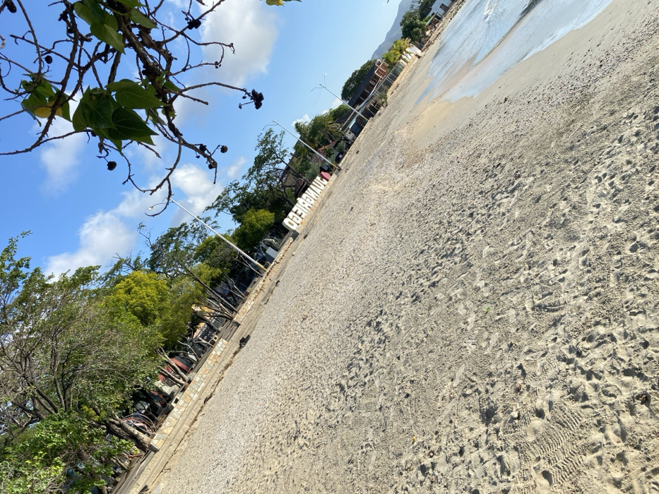 A bright, slightly tilted, daytime shot reveals a sandy beach leading to the ocean. Trees line the left side of the beach, their branches and leaves reaching into the blue sky with scattered clouds. A sign spelling "CHIMBOTE CO" vertically stands along the edge of the beach, near trees and street lamps. The beach's sand is marked with footprints. A mountainous backdrop is visible in the distance.