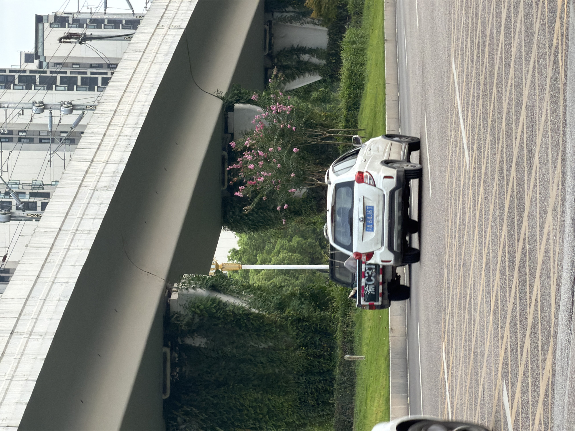 In Jiangjin, China, an overpass looms over a two-lane road. Green ivy covers the concrete supports of the overpass. A white SUV with the license plate "JIA 64J6T" travels on the right lane. A black pickup truck with the license plate "渝 C37" is in front of the SUV. In the foreground, yellow and white lines mark the road. A street lamp and a flowering tree are visible behind the vehicles. Buildings and electrical wires are visible above the overpass.