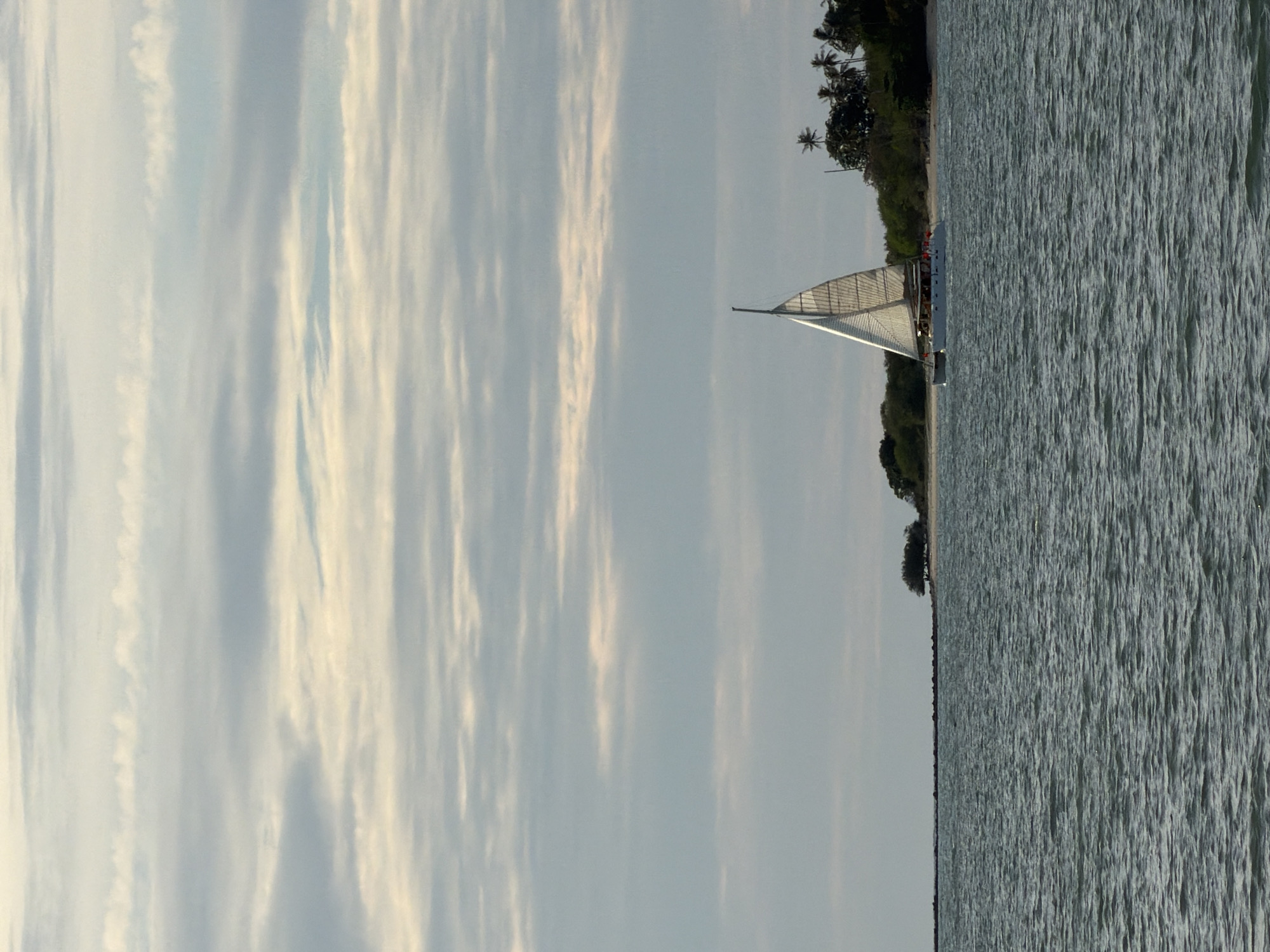 A sailboat with white sails navigates the ocean near a tropical island with palm trees and dense vegetation. The sky is partly cloudy, with bands of gray and white clouds stretching across. The water is a muted blue-green, with ripples reflecting the overcast sky. The sailboat is white with two hulls, indicating it is a catamaran. Several people are visible on the deck of the sailboat. The island appears to be sparsely populated, with a few scattered trees and a sandy shoreline. The scene suggests a calm day at sea, likely in the late afternoon or early morning, given the soft light.
