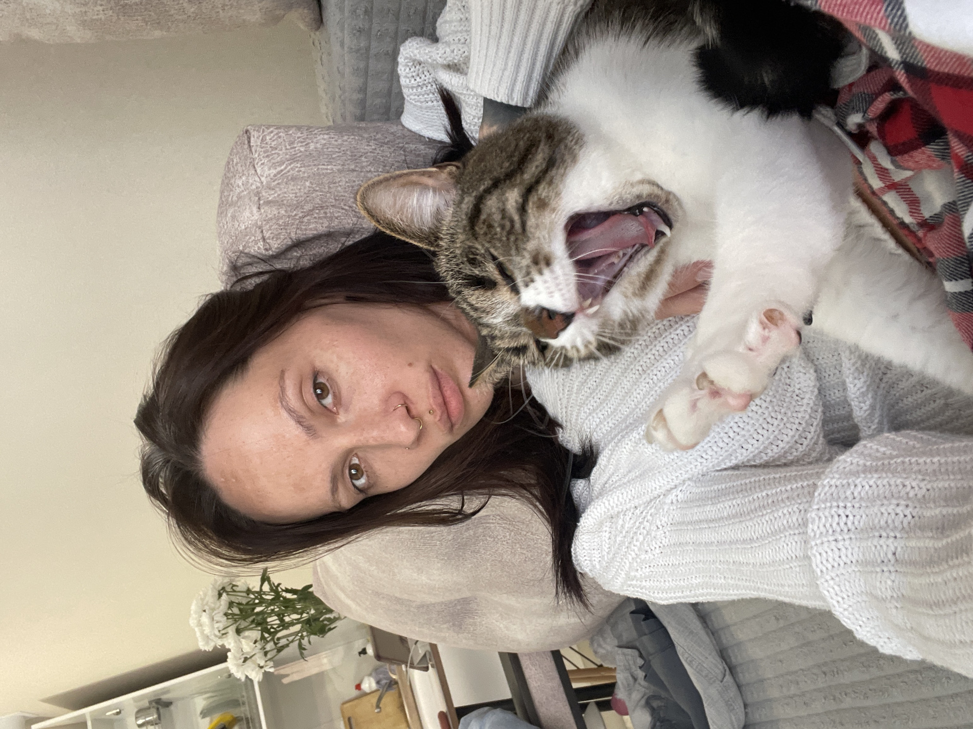 This is a vertically oriented selfie captured indoors, featuring a young adult female and a domestic cat in a relaxed, domestic setting.
The main subjects are a woman and a tabby and white cat. The woman, with dark brown hair and brown eyes, lies on her side, looking directly at the camera with a neutral expression. She has a nose ring and a stud piercing. She is wearing a light-colored, possibly white or light grey, knitted sweater. The cat, with tabby markings on its head and white fur on its body, is positioned on her chest or shoulder, mid-yawn, showcasing its wide-open mouth, tongue, and teeth. Part of a red and black plaid blanket is visible on the right side, next to the cat.
The background suggests a home environment. Behind the woman's head, there's a light-colored cushion or pillow. To the lower left, white flowers, possibly chrysanthemums, are in a vase on a shelf or countertop. Glimpses of other household items, including kitchenware, are visible below the flowers. The overall lighting is soft and ambient, suggesting daytime indoors. The image is rotated, presenting the subjects horizontally across the frame. There is no visible text. The atmosphere is casual and tranquil, capturing a spontaneous moment of interaction between a pet and its owner in Izhevsk, Russia.