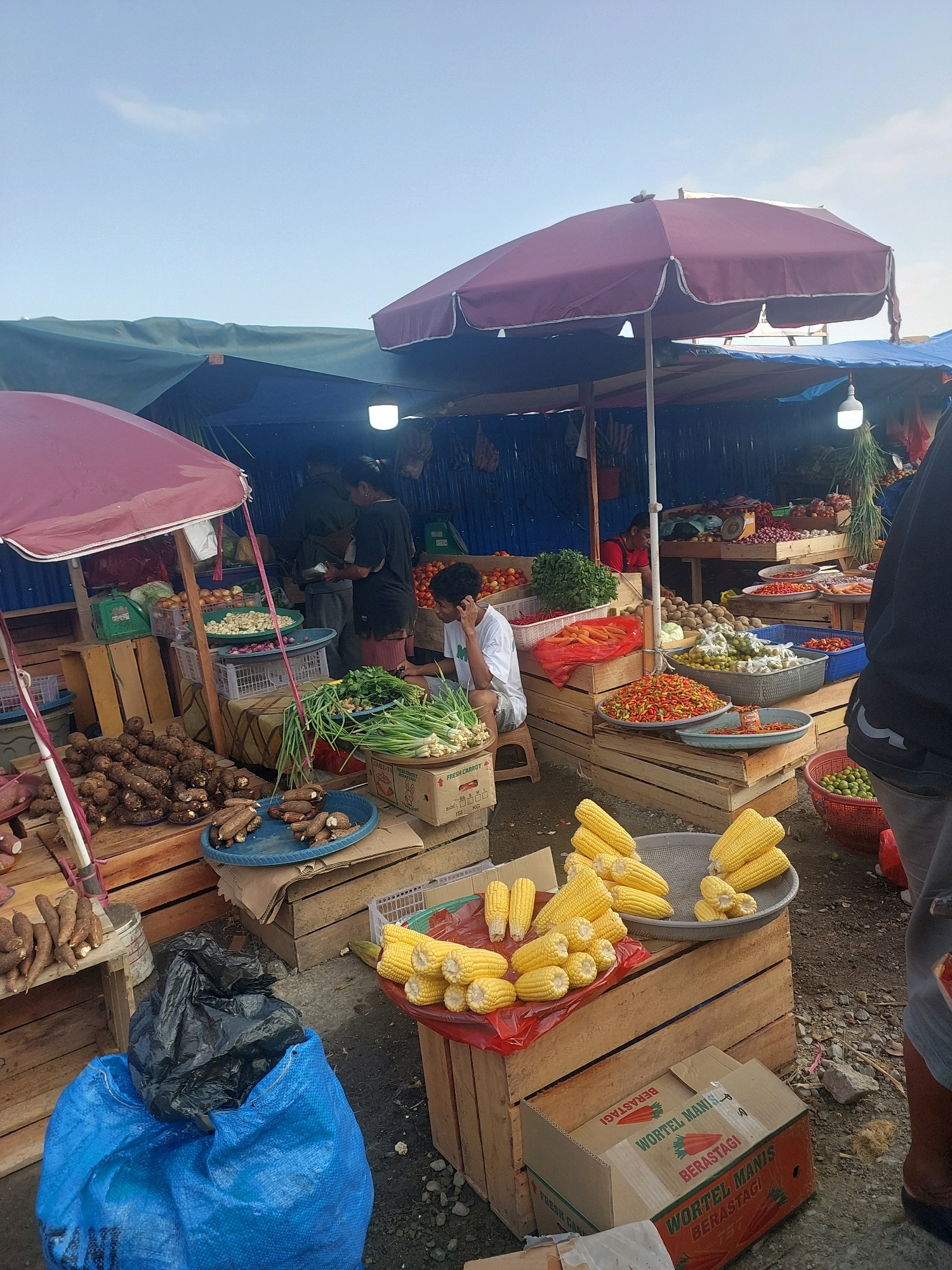 This image depicts an outdoor market scene, likely in Ambon, Indonesia, given the presence of Indonesian text on some of the packaging. The market is set up under awnings and tarps, providing shade from the sun. In the foreground, a person is seated on a stool, sorting through produce. Various vegetables, including corn on the cob, root vegetables that appear to be cassava or yams, green onions, and leafy greens, are displayed in wooden crates and on platters. There are also piles of red chili peppers and other assorted produce in the background. Several people are visible in the market, appearing to be vendors or shoppers. The ground is a mixture of dirt and gravel, and there are several plastic bags, one of which is a large blue bag filled with what seems to be trash. The overall impression is a bustling local market with a variety of fresh produce available for sale.