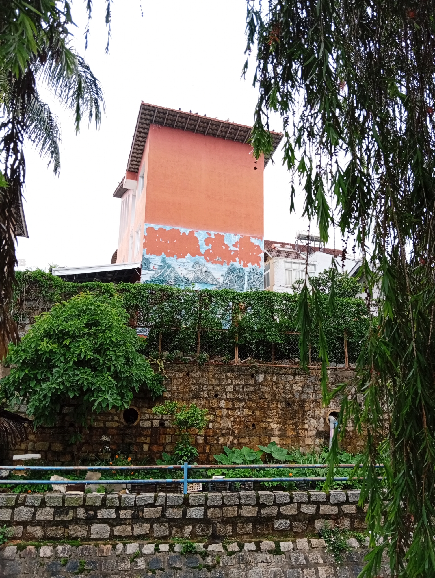 The image depicts a scene in Cam Ly - Đà Lạt, Vietnam, showcasing a multi-level landscape. An orange building with a tiled roof stands prominently in the background, its lower portion adorned with a faded mural depicting mountains. A retaining wall, constructed from rough-hewn stones, forms a middle ground. Green vegetation cascades over the wall, partially obscuring a wire fence. A blue metal railing is visible along the top of the stone wall, with what appears to be plant containers behind it. In the foreground, portions of trees frame the image, creating a sense of depth. The sky appears overcast.