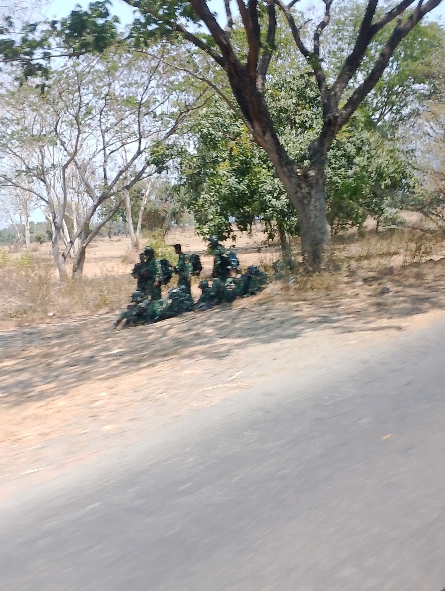A group of soldiers wearing camouflage uniforms are positioned on the dry, grassy ground near a dirt road. Some are standing while others are crouched or lying down, appearing to be in a defensive or resting formation. They are situated under the shade of trees with sparse foliage. The background consists of more trees and dry vegetation, suggesting an arid or savanna-like environment. The foreground is dominated by a paved road, likely indicating the soldiers are near a transportation route. The lighting suggests it is daytime, possibly late morning or early afternoon.