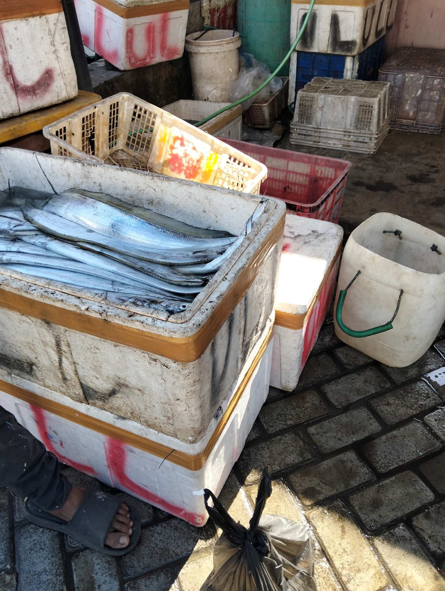 The image depicts a fish market scene in Muncar, Indonesia. A large white styrofoam box filled with numerous long, silver fish is prominently displayed in the foreground. The box is reinforced with yellow tape around its rim. To the left of the box, a person's foot wearing a dark gray sandal is visible, stepping onto the cobbled ground. The ground is wet and reflects the sunlight. Behind the main box, other containers, baskets, and buckets are stacked and arranged, suggesting a working market environment. These include a red plastic crate, a white plastic container with a green handle, and several other white and blue storage containers. The overall setting appears to be outdoors, with the ground paved with rectangular stones. The lighting suggests it is daytime.