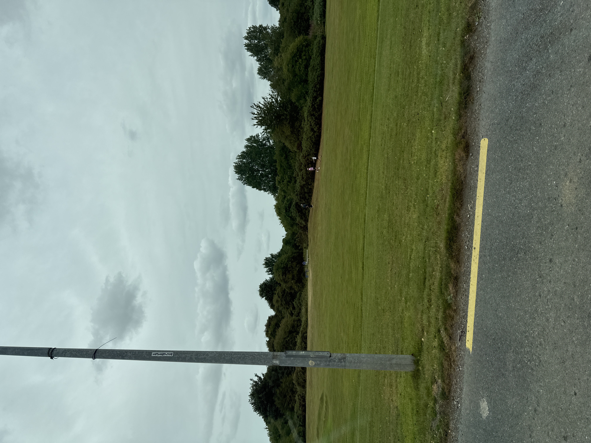 The image shows a grassy field with a line of trees in the background under a cloudy sky. A tall metal pole is visible on the left side of the frame. In the middle ground, several people are walking on the grass. A yellow line is painted on the asphalt in the foreground. The location is the Curragh Edge, Ireland.