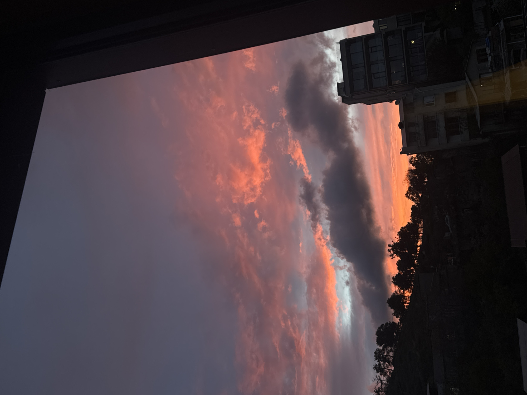 The image, oriented sideways (rotated 90 degrees counter-clockwise), captures a dramatic sunset or sunrise over an urban or suburban landscape. The sky dominates the view, filled with clouds displaying a striking palette of vibrant pinks, oranges, and purples, transitioning to deeper blues and grays further from the light source. A bright strip of light, possibly reflecting from the sun, is visible within a darker cloud formation in the middle right of the sky.
In the right portion of the image, the silhouettes of multi-story buildings stand against the illuminated sky. Their windows faintly reflect light. Below the buildings and stretching across the bottom right, a dense line of trees and foliage is visible in dark silhouette, suggesting a natural area or park. A dark, diagonal strip, likely a window frame or part of a balcony, partially frames the scene from the top left corner, indicating the viewpoint is from an elevated position inside a structure looking outwards.
The time of day is clearly either sunset or sunrise, characterized by the low, warm light and the vivid colors of the sky. The overall mood is serene and awe-inspiring, highlighting the natural beauty of the sky contrasting with the man-made environment. There is no visible text or human activity depicted.
