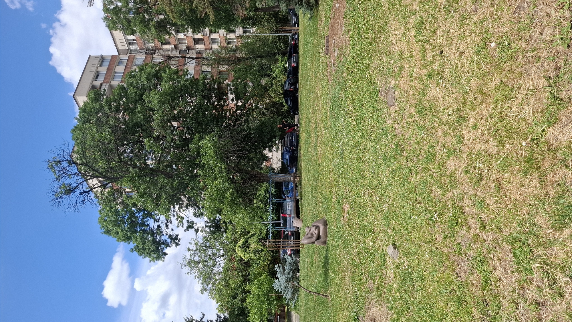 The media file depicts an outdoor scene, likely in a park or residential area in Sofia, Bulgaria. A tall, multi-story building with a brick facade and numerous windows dominates the background. In the middle ground, a large, mature tree with dense green foliage stands prominently. Several cars are parked in a row behind the tree, suggesting a parking area adjacent to the building. A playground structure with red and blue elements is also visible among the trees.
In the foreground, a grassy area stretches across the frame. The grass is a mix of green and dry, yellowed patches, indicating it may be late spring or summer. A small, abstract stone sculpture is situated on the grass, appearing to depict two figures. There is a person in the distance, wearing dark clothing and a red backpack, standing near the parked cars. The sky is a vibrant blue with scattered white clouds. The lighting suggests it is daytime, likely late morning or early afternoon, with sunny weather. The overall impression is one of a typical urban residential environment on a clear day.