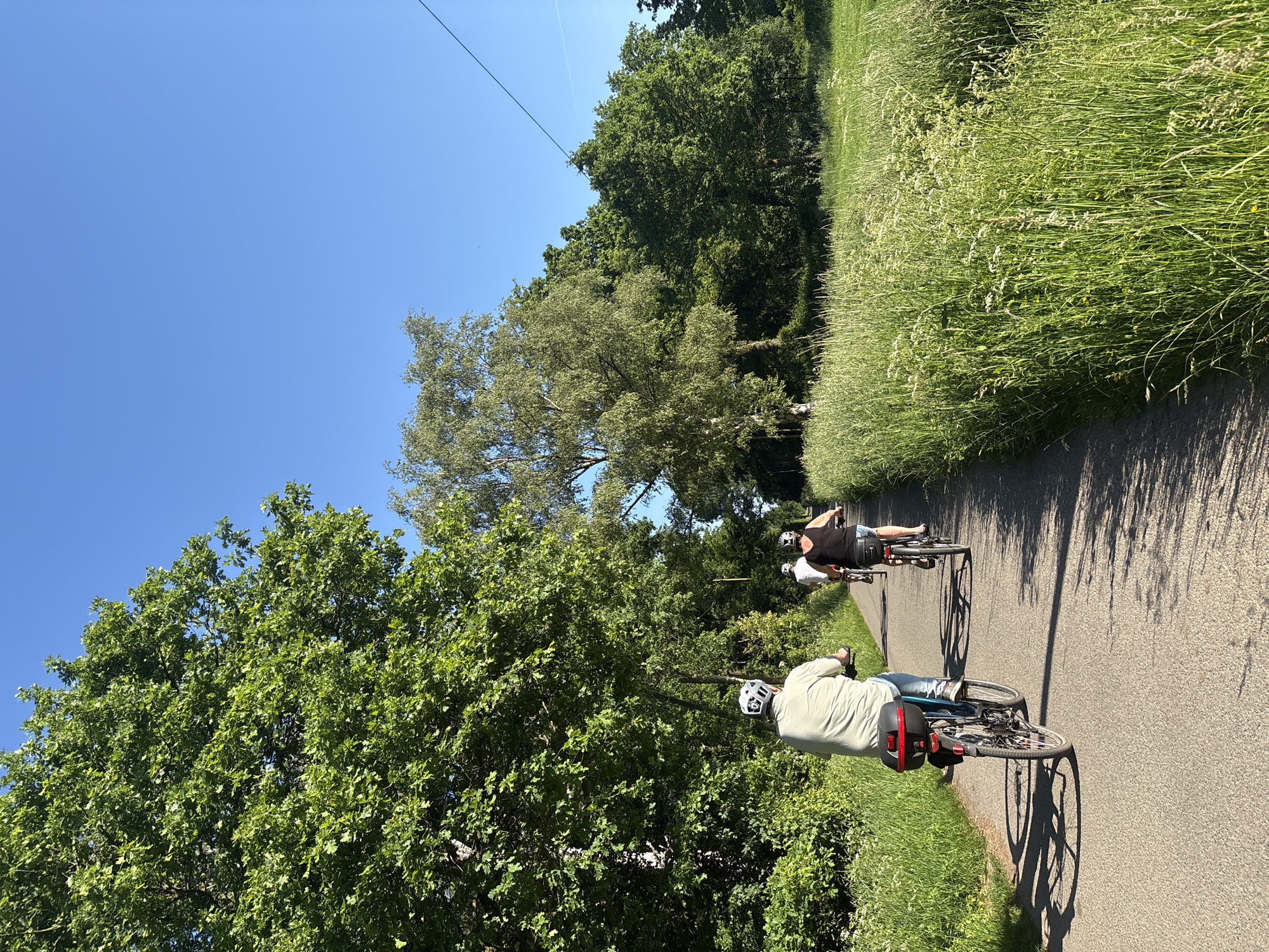 Three cyclists are riding on a paved path through a park. The path is lined with tall grass on one side and trees on the other. The sky is clear and blue. The photo was taken in Mönchengladbach, Germany.