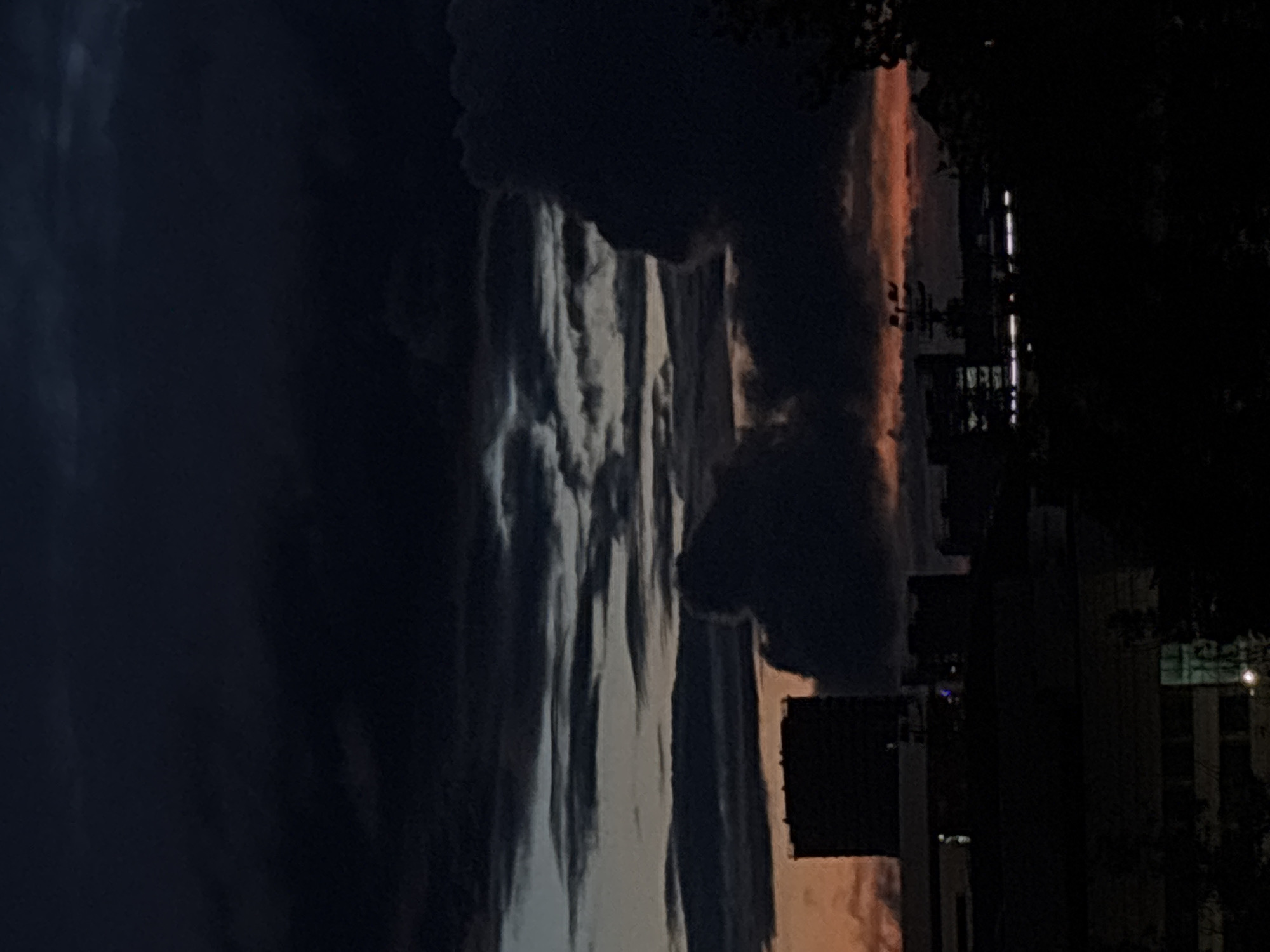 The image depicts a city skyline at dusk, characterized by a dark, cloudy sky with hints of orange and grey. Silhouetted buildings, some appearing to be of significant height, are visible against the fading light. The overall atmosphere is somber and dramatic, with the low light conditions obscuring many finer details of the urban landscape.