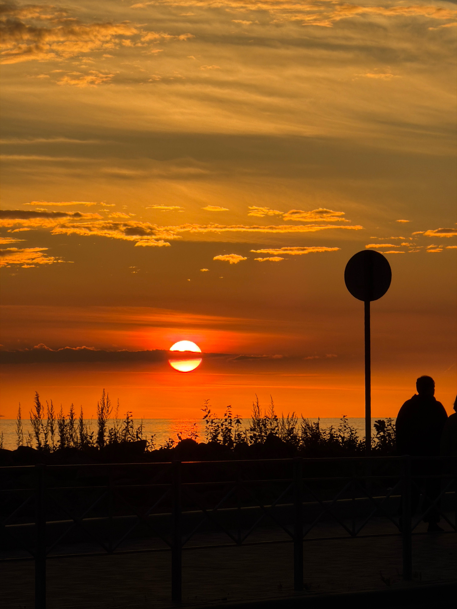 The image depicts a sunset over the Gulf of Finland in Saint Petersburg, Russia. The sky is ablaze with vibrant orange and yellow hues, with wispy clouds streaking across the horizon. The sun, a brilliant orange orb, is partially submerged, casting a warm glow on the water. In the foreground, silhouetted against the sunset, are several elements. A dark railing runs horizontally across the lower portion of the frame, and beyond it, a pathway or boardwalk is visible. To the left, tall, slender reeds or grasses stand in silhouette. A solitary, round sign on a pole is positioned to the right of the center. Further to the right, two figures are visible as dark silhouettes, one standing and one with their back to the viewer. The scene evokes a sense of tranquility and natural beauty.