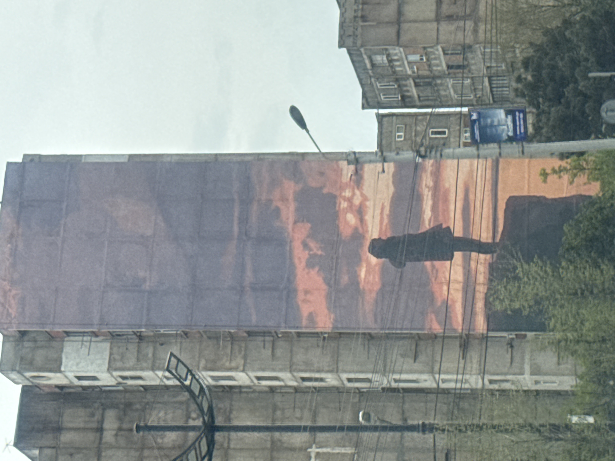 The image displays an urban scene dominated by large concrete buildings, with the original photograph oriented 90 degrees clockwise. When correctly oriented, a prominent feature is a large billboard covering the side of a multi-story building on the left. The billboard depicts a striking image of a person's silhouette standing on what appears to be a cliff or elevated terrain, gazing at a dramatic sunset or sunrise with vibrant orange and purple hues in the sky.
To the right and slightly above this building, another concrete building with multiple rectangular windows is visible. The architectural style suggests Soviet-era construction. Numerous overhead wires and cables crisscross the scene, some obscuring parts of the buildings and the billboard. A black street light with a distinctive curved pole extends from the left side, pointing upwards towards the top right.
Further to the right, a smaller blue billboard is attached to a structure, possibly another building or a dedicated advertising frame. On this smaller billboard, the word "ACTUALLY" is clearly visible in white text, with other smaller, unreadable text below it. Green foliage and trees are visible on the right side and bottom of the frame, indicating the presence of natural elements amidst the urban landscape. The sky is overcast, providing a muted backdrop to the concrete structures. The overall impression is one of a dense urban environment.