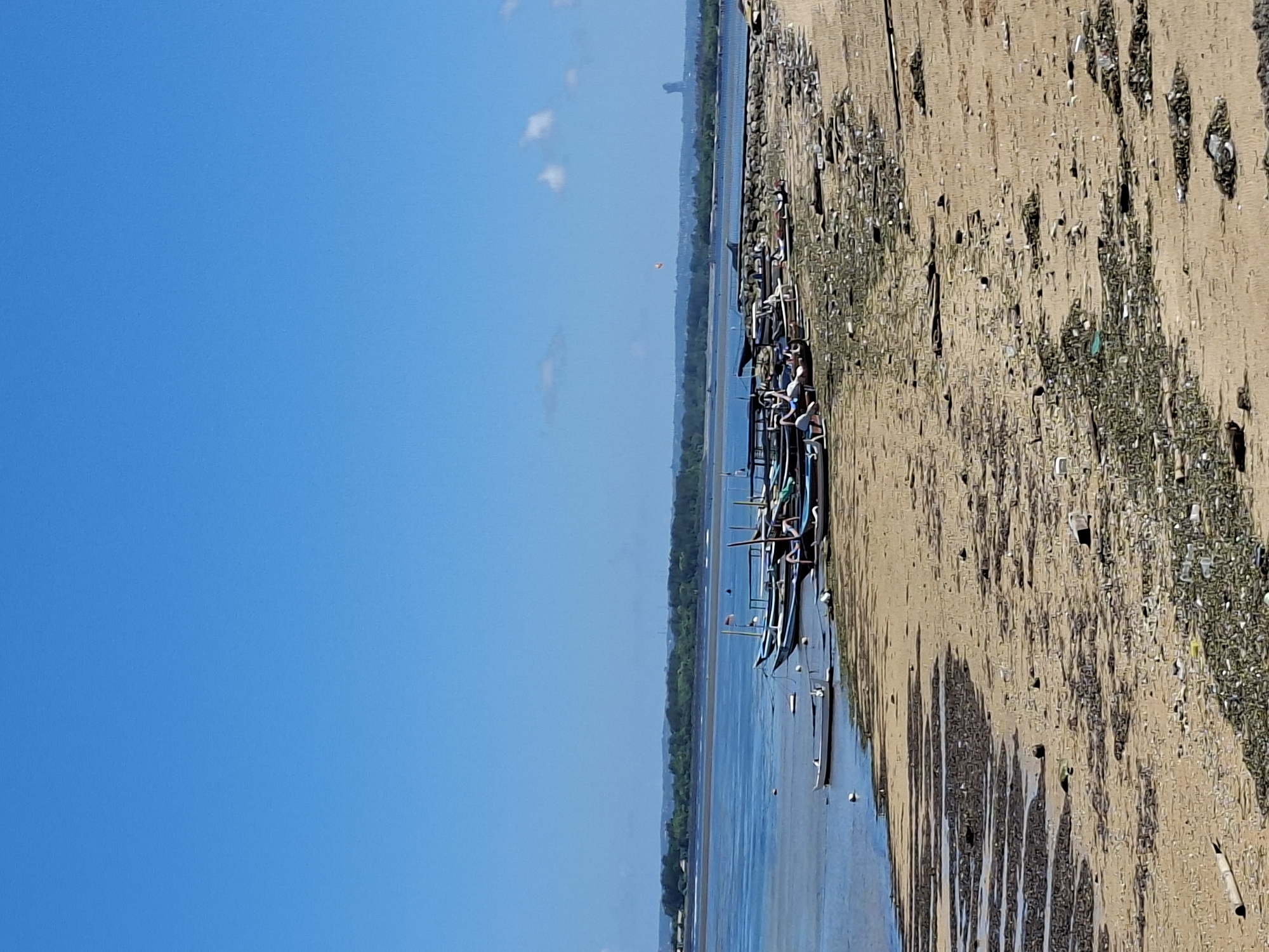 The image depicts a coastal scene in Denpasar, Indonesia, characterized by a stark contrast between the clear blue sky and the polluted shoreline. A row of narrow, traditional fishing boats, aligned parallel to the waterline, rests in the shallow water. The beach is marred by a significant accumulation of debris and trash. The water appears shallow, revealing the sandy bottom. In the distance, a hazy treeline separates the shore from the inland area. The sky is mostly clear, with minimal cloud cover. The overall scene suggests environmental degradation, likely due to coastal pollution in this area of Denpasar.