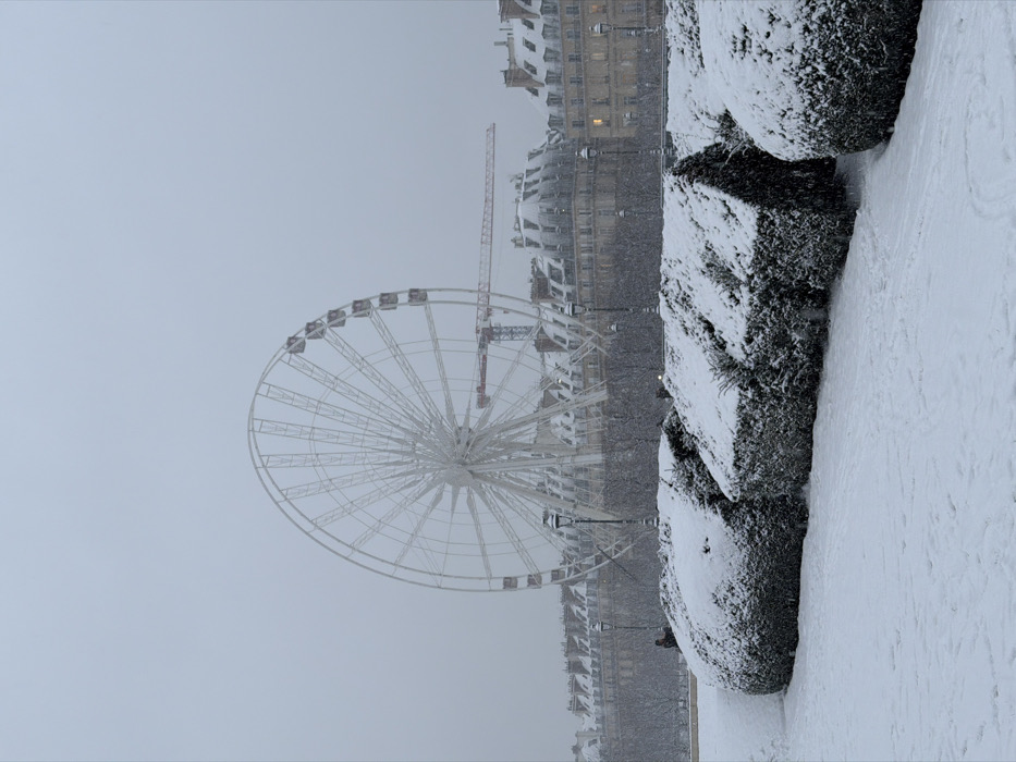 A snowy day scene features a Ferris wheel to the left, partly obscured by falling snow. A construction crane stands next to it. Buildings line the background, also dusted with snow. In the foreground, snow-covered bushes or hedges form a barrier along what appears to be a walkway or street with a visible snow-covered surface. The image has a slightly tilted perspective.