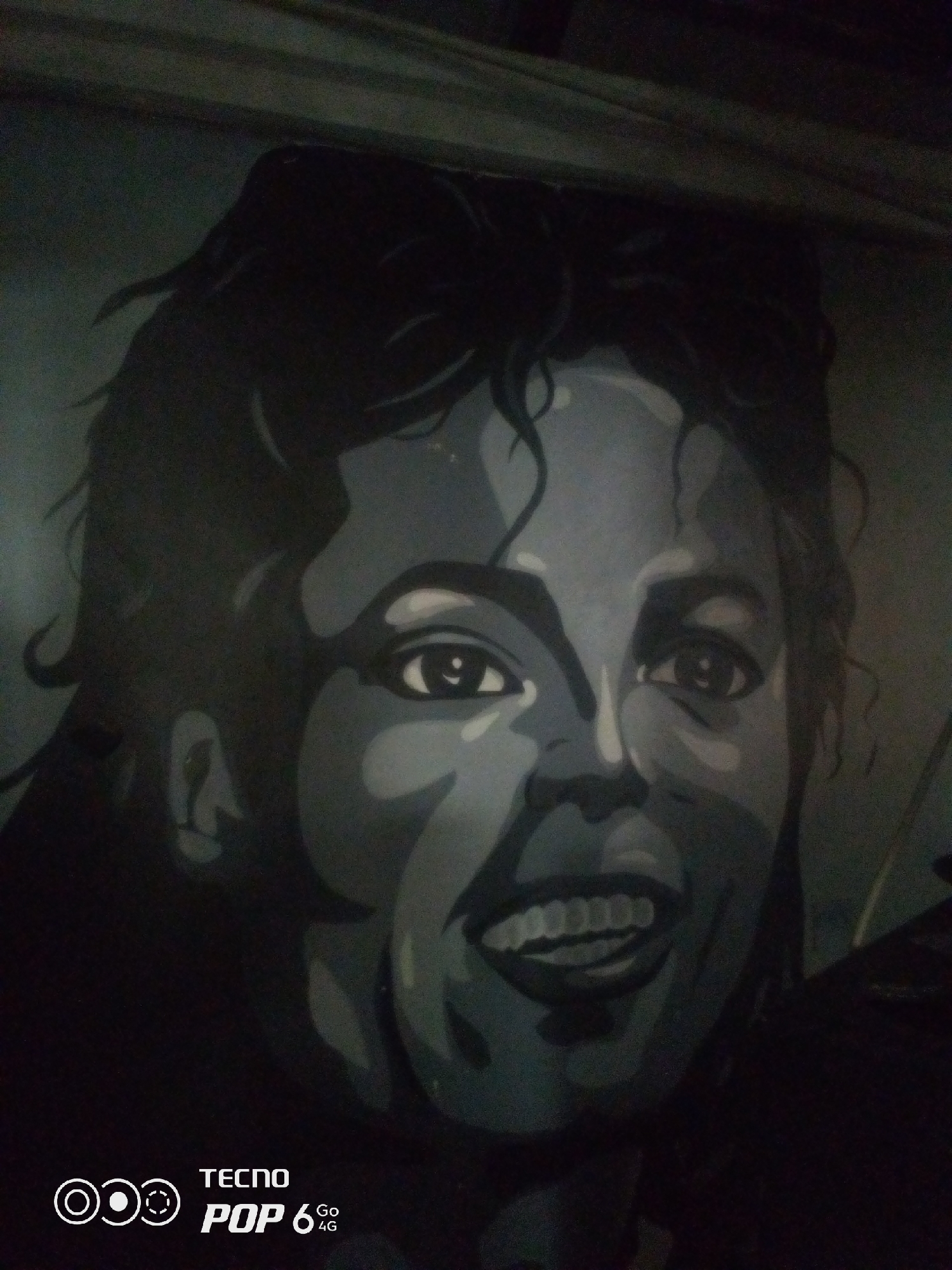 The image is a close-up, waist-up shot of a black and white mural or painting of Michael Jackson. The portrait is rendered in grayscale with dramatic lighting and strong contrasts, highlighting his facial features. His eyes are wide open and looking towards the viewer, and his mouth is open in a wide smile, revealing his teeth. His signature curly hair frames his face. The background is dark and indistinct, suggesting the mural is in an indoor or dimly lit outdoor location. In the bottom left corner, a white logo with the text "TECNO POP 6 4G" is visible, indicating that the image was captured by a Tecno Pop 6 phone. The image does not provide any information about the specific location within Howayi, Nigeria.