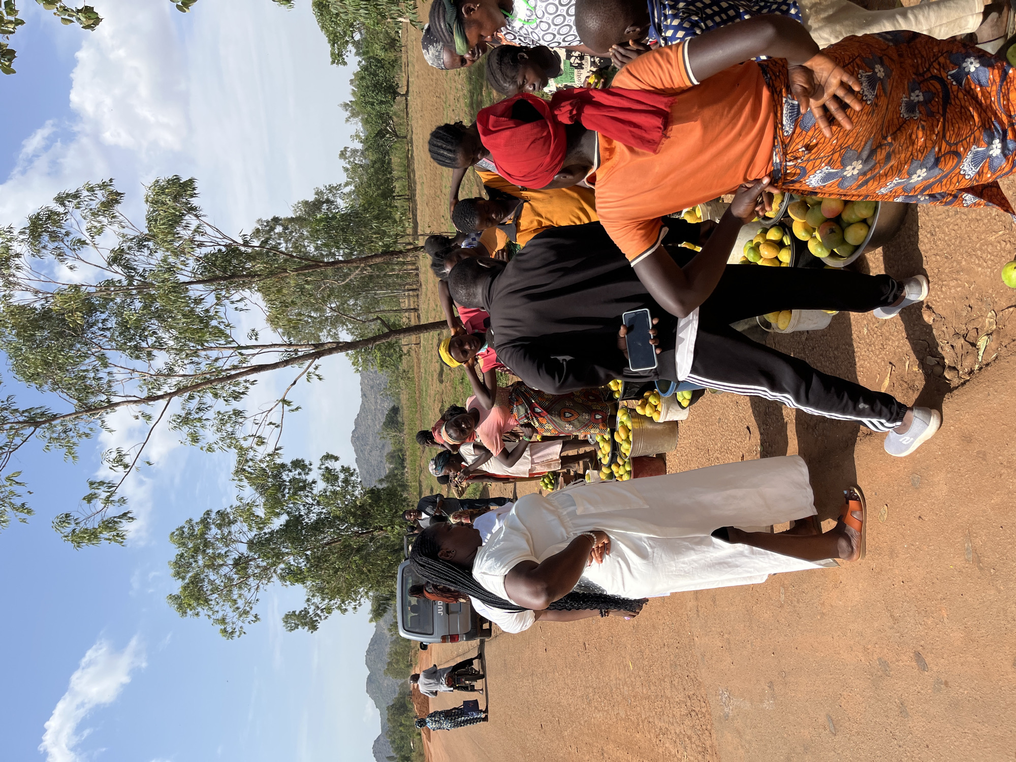 The image shows a roadside market scene in Barakin Momo Dogo, Nigeria. Several people are gathered around buckets and bowls filled with mangoes, possibly buying or selling the fruit. People are dressed in a mix of traditional and modern clothing. A woman in a long white dress stands prominently in the foreground. A silver van is parked nearby. In the background, trees and a mountain are visible. The ground is a reddish-brown color, indicating a dirt road. The sky is blue with scattered clouds.