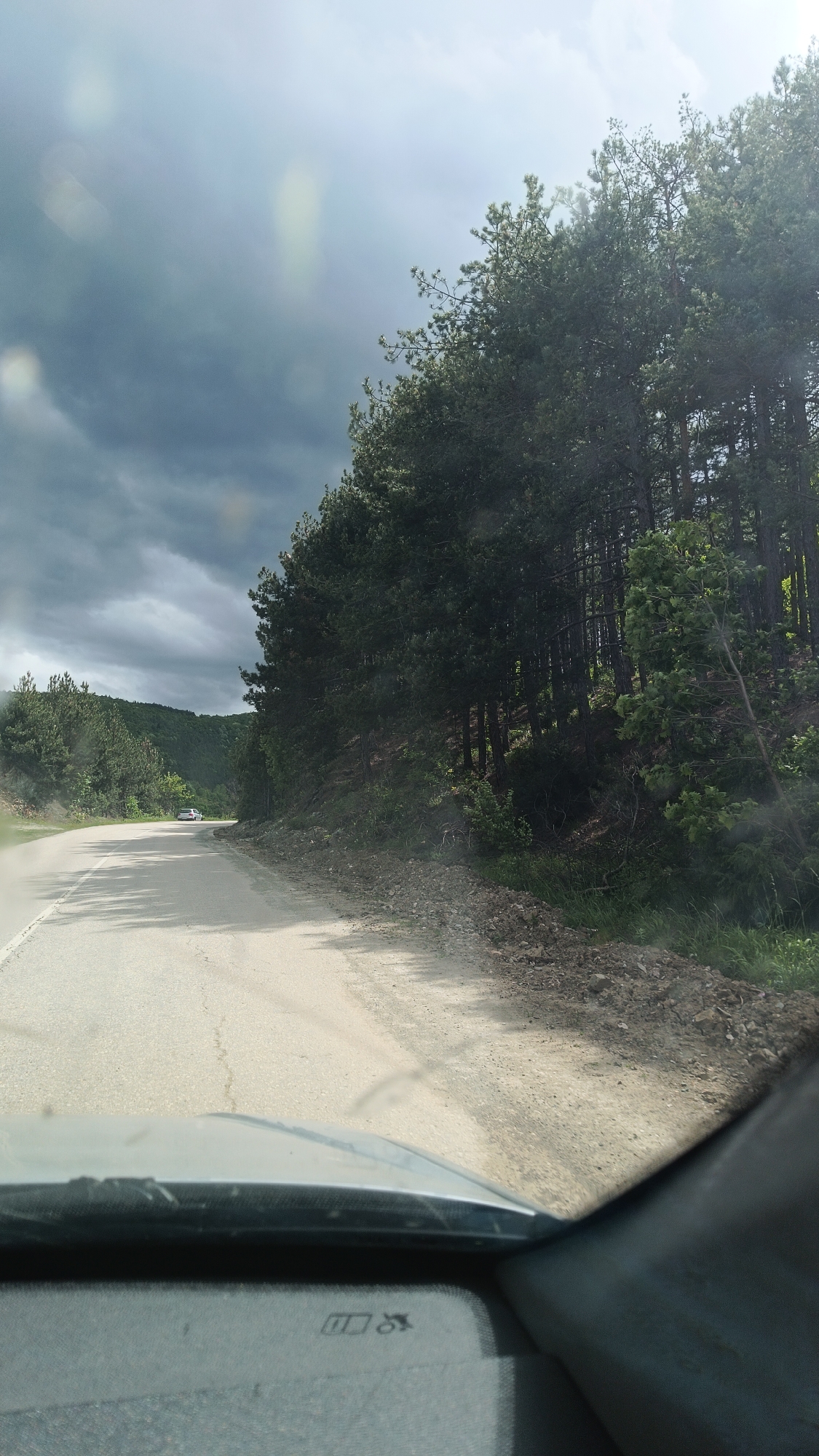 A view from inside a car driving on a paved road, likely in a rural area. The car's dashboard is visible at the bottom of the frame. To the right of the road, a forested area rises up a slope with tall pine trees. The road curves slightly to the left. In the distance, a car is visible on the road. The sky is overcast with dark clouds. The location appears to be in the Gornoslav, Bulgaria region, indicated by the natural terrain and vegetation. No people are visible outside the vehicle. The primary actions are driving and observing the environment. The interaction is between the vehicle and the road, as well as the occupants with the surrounding landscape. The environment is a forest road with overcast weather.