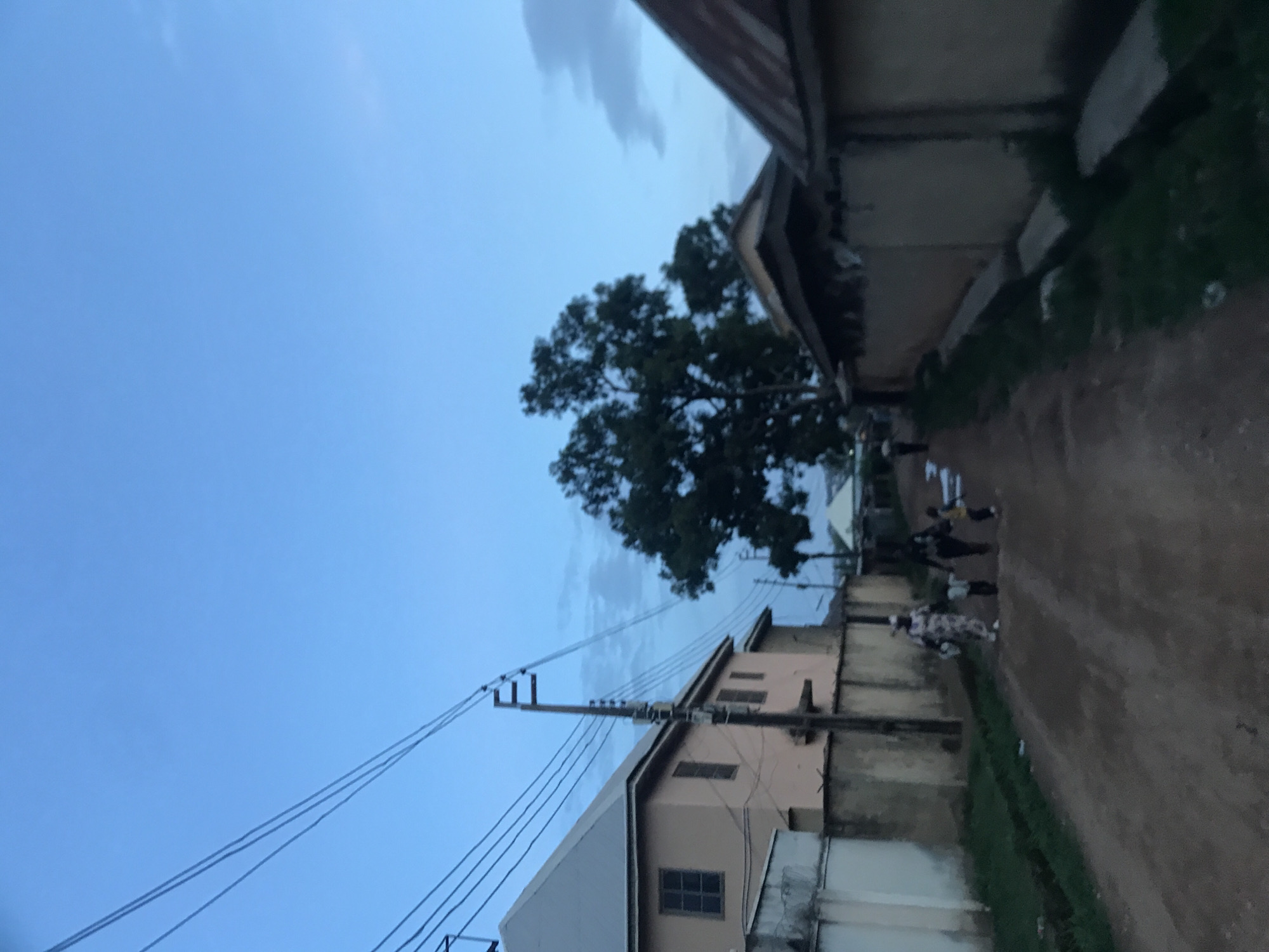 This image depicts a residential street in Rafin Par, Nigeria, at dusk or dawn. The sky is a gradient of light blue, transitioning to a deeper hue, with scattered, faint clouds visible.
The scene is dominated by an unpaved, dirt road that recedes into the background. Along the left side of the road, a two-story, light-colored building with a gray sloped roof and multiple windows is visible. A white perimeter wall, possibly topped with barbed wire or security spikes, runs in front of this building. A wooden utility pole with several overhead power lines extends diagonally across the upper left quadrant of the image. Green grass and a narrow drainage ditch line the edge of the road on this side.
Mid-ground on the left, a group of four individuals is walking towards the viewer: two adults and two young children. One adult wears a light-colored, patterned garment and holds a child's hand. The second adult wears darker clothing and also holds a child's hand.
On the right side of the road, a large, dark green tree with dense foliage stands prominently. Beyond the tree, several low-rise buildings with various roof types, including one with a corrugated metal roof, are visible. A long, light-brown wall runs parallel to the road on this side, also bordered by green grass and a drainage ditch. In the far distance, a solitary figure is seen walking away from the viewer.