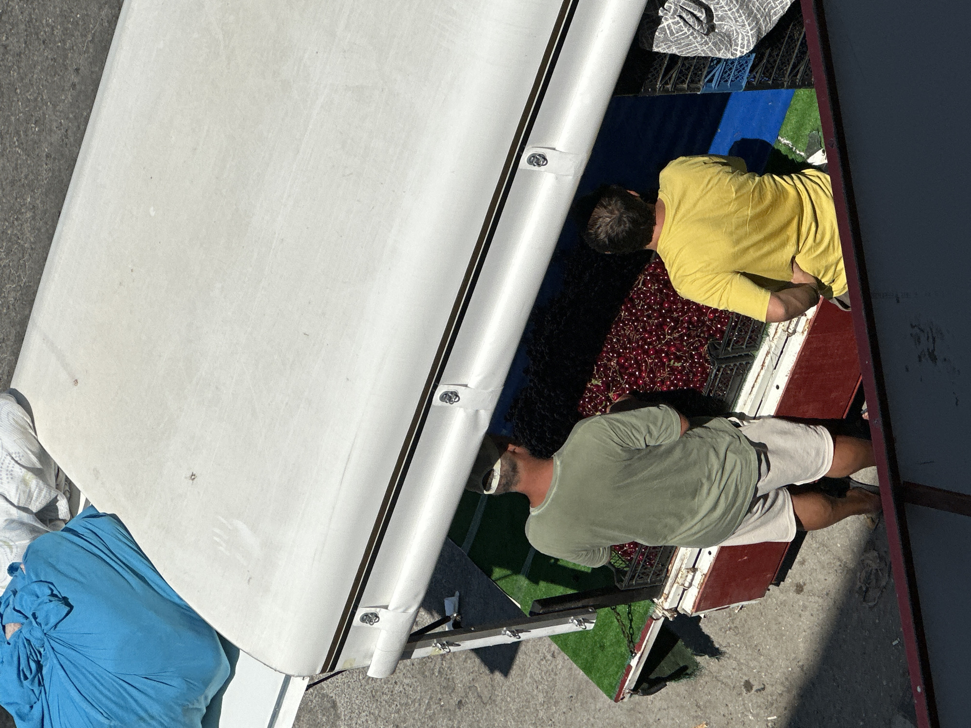 In Fethiye, Turkey, two men are seen standing behind a market stall laden with cherries. One man, wearing a green t-shirt and beige shorts, stands to the left, facing away from the viewer. The other man, in a yellow t-shirt, stands to the right, also facing away. The stall itself is a white trailer with a red lower section, covered by a white awning with dark stripes. Crates filled with red cherries are visible beneath the awning. The ground around the stall appears to be paved. A large blue tarp or bag is piled on the left side of the trailer, behind the men. The scene is illuminated by bright sunlight, casting shadows.