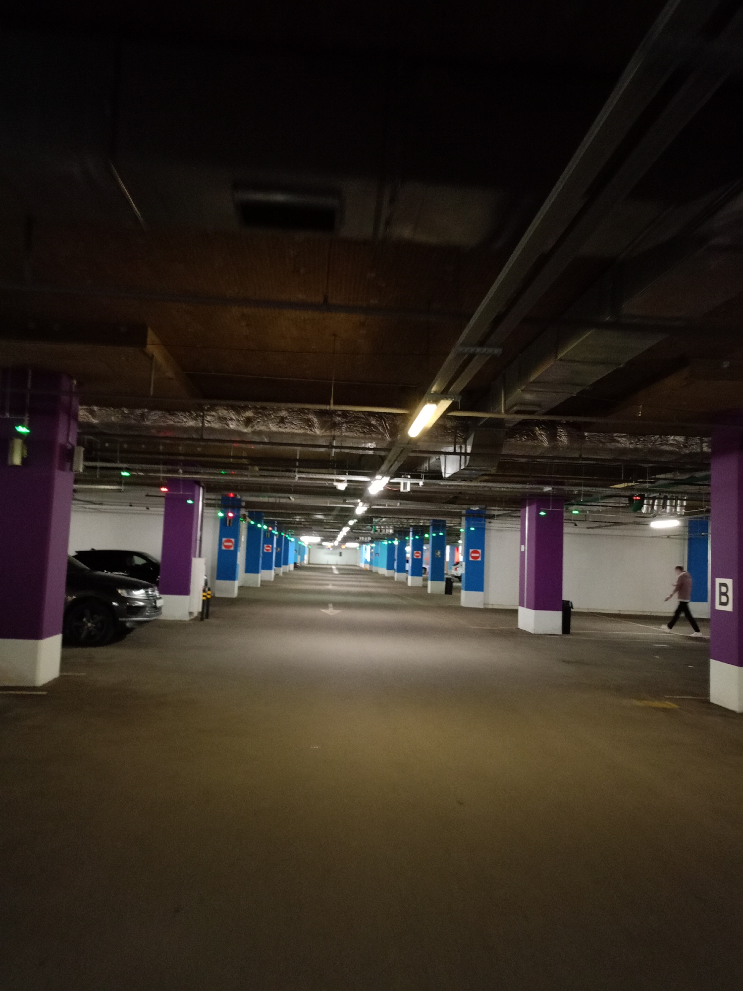 The image depicts an indoor parking garage, likely in Petrozavodsk, Russia. The environment is dimly lit with fluorescent lights overhead and illuminated by purple and blue support columns. Several cars are parked in designated spots. One dark-colored sedan is prominent on the left side of the frame, partially obscuring a dark SUV behind it. Further down the aisle, other vehicles are visible. A person is walking away from the camera on the right side of the frame. Signs with red circles and white horizontal bars, indicating a prohibition, are mounted on some of the blue columns. The floor is paved and appears to be concrete.
