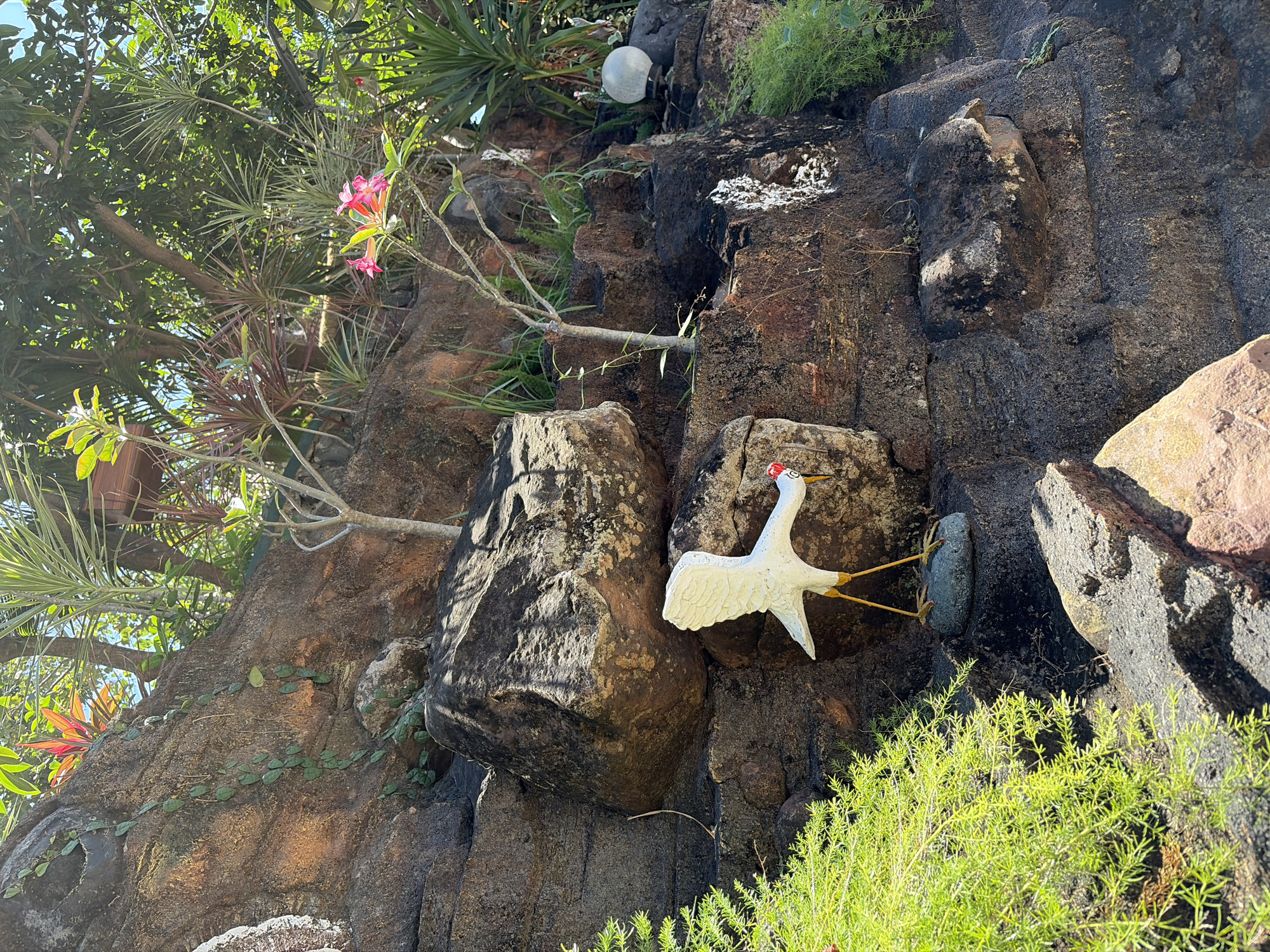 This image depicts a decorative garden scene, likely in Abang, Indonesia, featuring a weathered rock wall adorned with various plants and a white bird statue. The rock wall is textured and uneven, with patches of moss and lichen, suggesting it is part of an outdoor landscape. Lush green foliage, including ferns and possibly some palm fronds, grows in clusters around the rocks and at the base of the wall. A small, delicate tree with sparse branches and a few pink flowers is positioned in the mid-ground, adding a touch of color. In the foreground, a vibrant green bushy plant spills over the edge of a rock. The primary subject is a white ceramic bird statue with yellow legs and a red beak, standing on a dark gray stone. The statue is in a dynamic pose, with one wing raised and its head tilted downwards. Sunlight filters through the canopy of unseen trees, creating dappled light and shadows across the scene, indicating it is daytime. In the upper right portion of the frame, a round, frosted glass orb, possibly a garden light, is partially visible amongst the rocks and greenery. The overall impression is of a tranquil and well-maintained garden space, likely a private residence or public park in Abang.