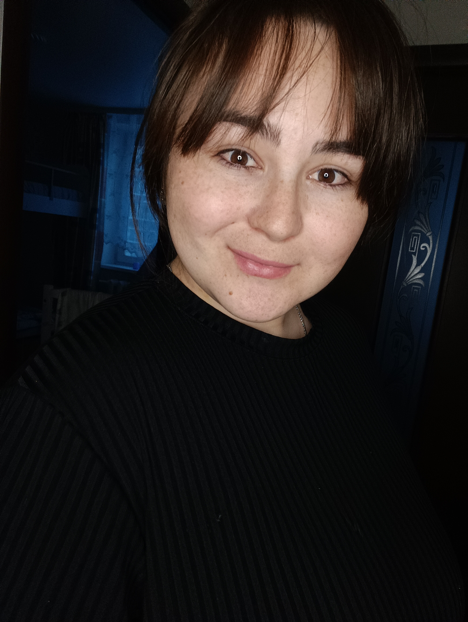 A close-up headshot captures a woman with light skin, brown hair, and freckles. She is wearing a black, ribbed top. Her gaze is directed towards the camera, with a slight smile.
In the background, indistinct shapes suggest a room interior. A door with decorative silver patterns is visible on the right side of the frame. A window with a blue light is visible on the left.
The photograph appears to have been taken indoors, with a dimly lit environment. The location is not identifiable as Noviy, Russia, based on the visual elements of the image.