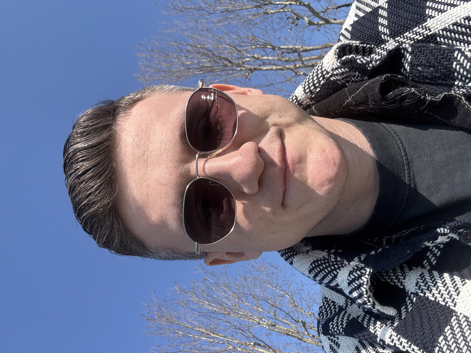A male individual is depicted in a close-up, head-and-shoulders outdoor portrait in Sirmione, Italy. He has short, dark, slicked-back hair and wears silver-framed, hexagonal sunglasses with dark lenses. The subject exhibits a faint smile. He is dressed in a black and white patterned shirt jacket over a dark grey crew-neck t-shirt. The background consists of a clear, cloudless blue sky and several bare, leafless deciduous trees, suggesting a winter or early spring setting. The scene is illuminated by direct sunlight.