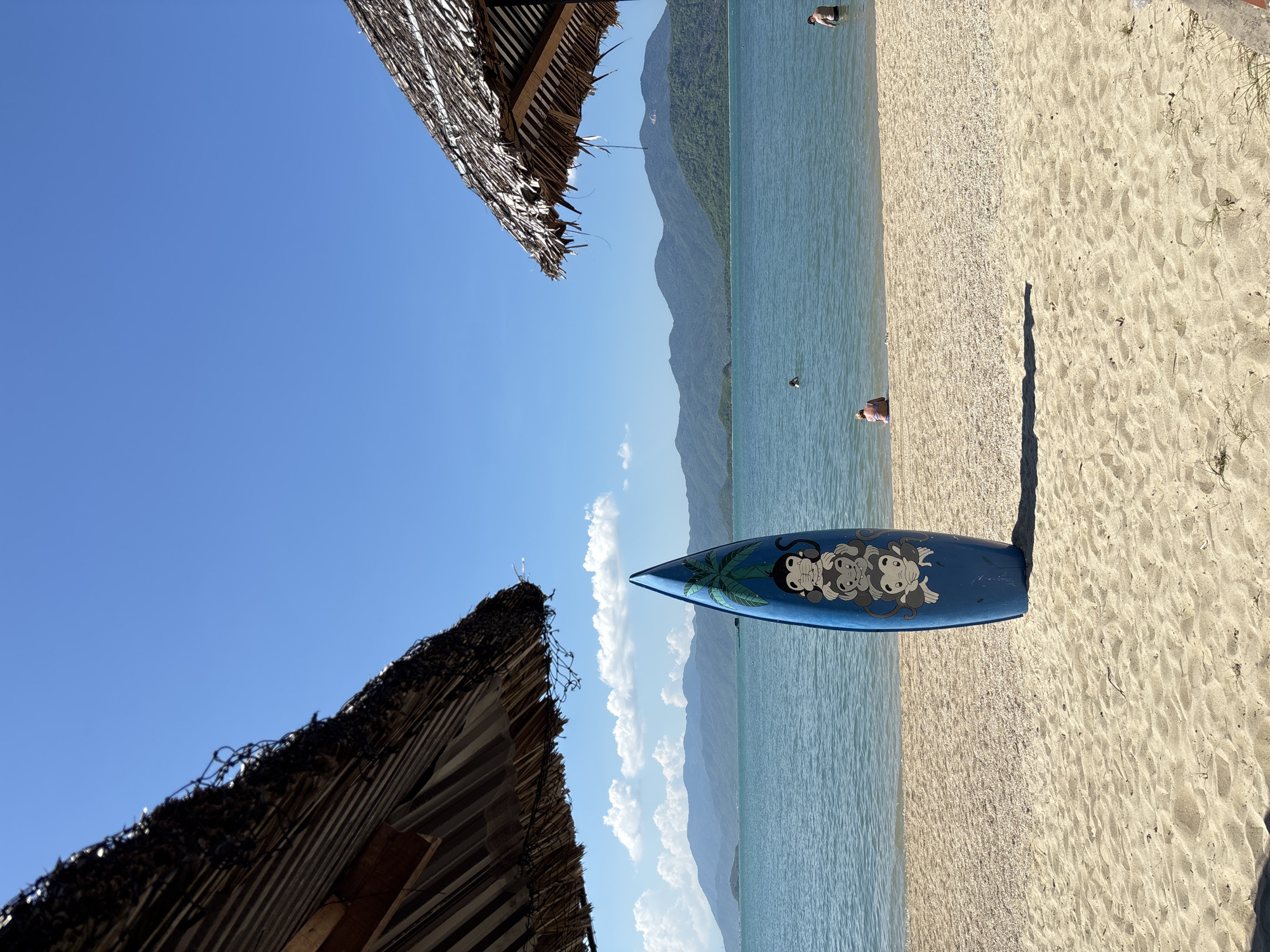 The image depicts a serene beach scene in Vĩnh Lương, Vietnam, under a clear blue sky. Two thatched umbrellas frame the view, casting shadows on the sandy shore. In the foreground, a vibrant blue surfboard decorated with three stacked monkeys and a palm tree stands upright. The ocean, a tranquil expanse of blue, stretches towards a backdrop of lush, green mountains. Several individuals are visible in the water and along the shoreline. One person sits by the water's edge, while another stands in the shallow water. A lone swimmer is further out in the sea. The sand is a light beige color, scattered with small shells and pebbles. The overall atmosphere is peaceful and idyllic, capturing a typical day at a tropical beach.