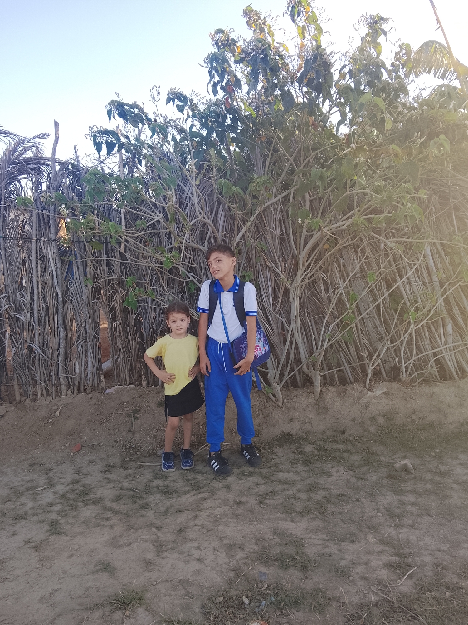 Two children, a boy and a girl, stand side-by-side in a dry, sandy environment in Altagracia, Venezuela. The boy is taller, wearing a white shirt with blue accents, blue pants, and black shoes. He carries a backpack. The girl is shorter, wearing a yellow t-shirt, a black skirt, and blue and black sneakers. Both children are facing forward. Behind them is a makeshift fence composed of vertical sticks, interspersed with what appears to be a dense, shrub-like plant. The sky is clear and bright, suggesting daylight. The ground is sparsely covered with patches of grass.