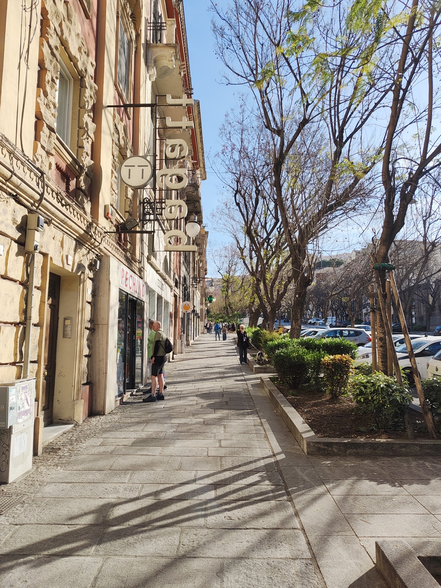 This is a street scene in Cagliari, Italy. The image shows a sidewalk bordered by a multi-story building on the left and a raised flowerbed with trees on the right.
People are present on the sidewalk, including two men standing in front of a store named "PECHINO," and other pedestrians further down the street.
The building has a sign that reads "Gasteria" vertically. Cars are parked along the right side of the street, beyond the trees and flowerbed. The sky is visible in the upper part of the frame.