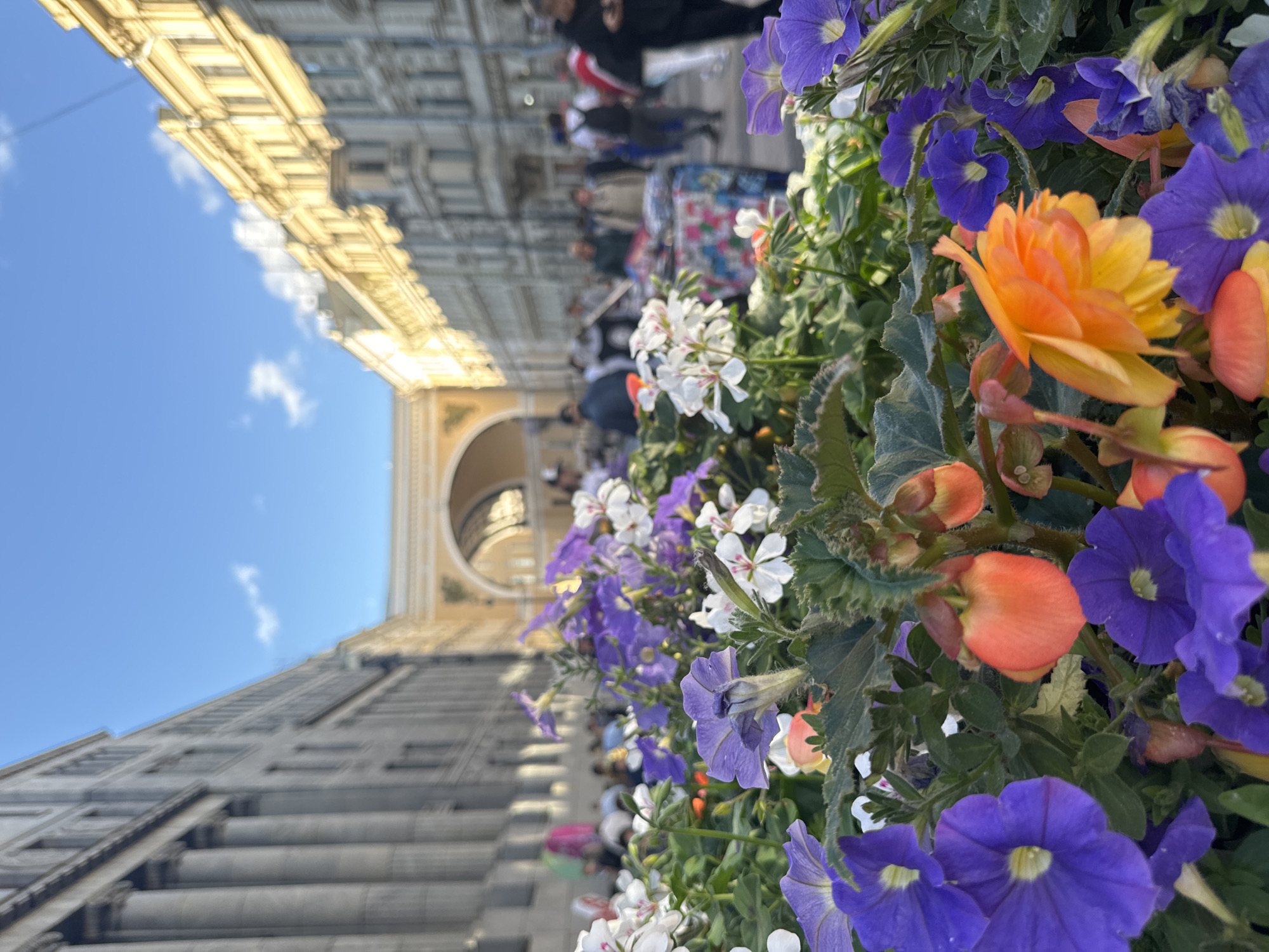The image depicts a street scene in Saint Petersburg, Russia, likely near a prominent architectural landmark. In the foreground, a vibrant arrangement of flowers, including purple petunias and orange begonias, dominates the lower half of the frame. Behind the flowers, the middle ground shows a blurred view of a pedestrian area with several people walking and browsing stalls. The background features a large, arched structure, possibly an archway or entrance to a significant building, with classical architecture lining both sides of the street. The sky is a clear blue with a few wispy clouds, suggesting fair weather. The overall impression is of a lively urban environment during the daytime.