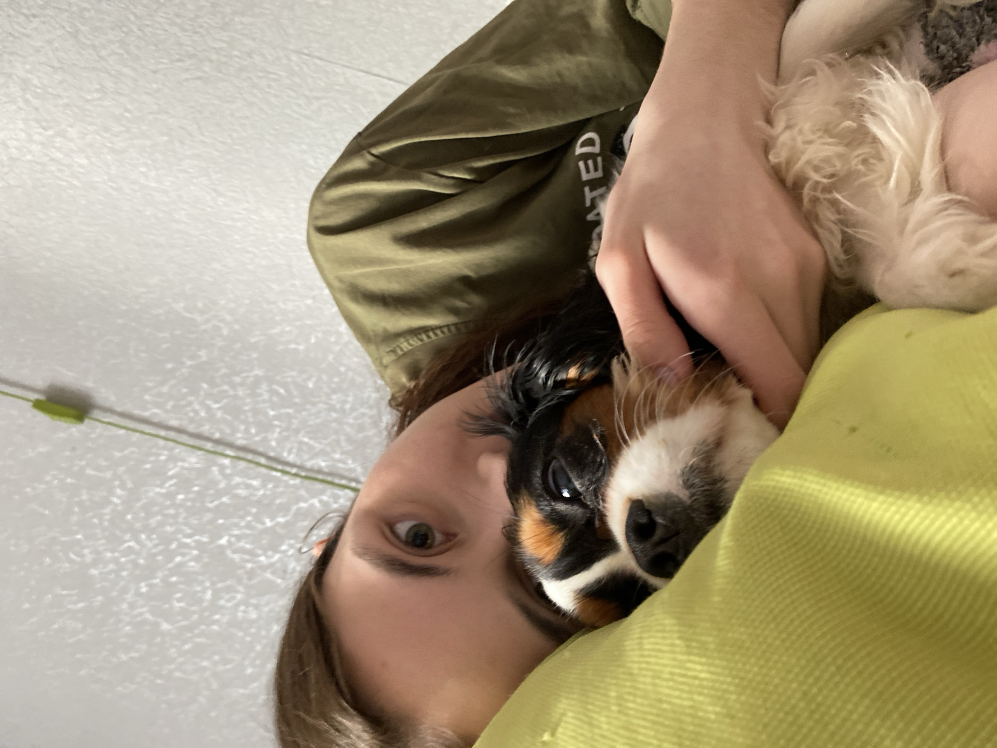 An indoor, low-angle shot from Votkinsk, Russia, captures a person and their tri-colored dog. The person, with brown hair and one eye visible, looks directly at the camera with a calm expression. They are wearing a dark olive green jacket, with the partial word "ATED" visible in white text on the fabric. One of the person's hands is gently cradling the dog's head.
The dog, a small breed resembling a Cavalier King Charles Spaniel, features distinctive black, tan, and white fur, particularly around its face. Its dark eye and black nose are prominent. The dog is snuggled close to the person, resting partly on a vibrant lime green blanket or soft textile. The background reveals a light-colored, textured wall or ceiling surface, with a thin green wire or string running across the upper left. The image conveys a sense of comfort and affection between the owner and their pet.
