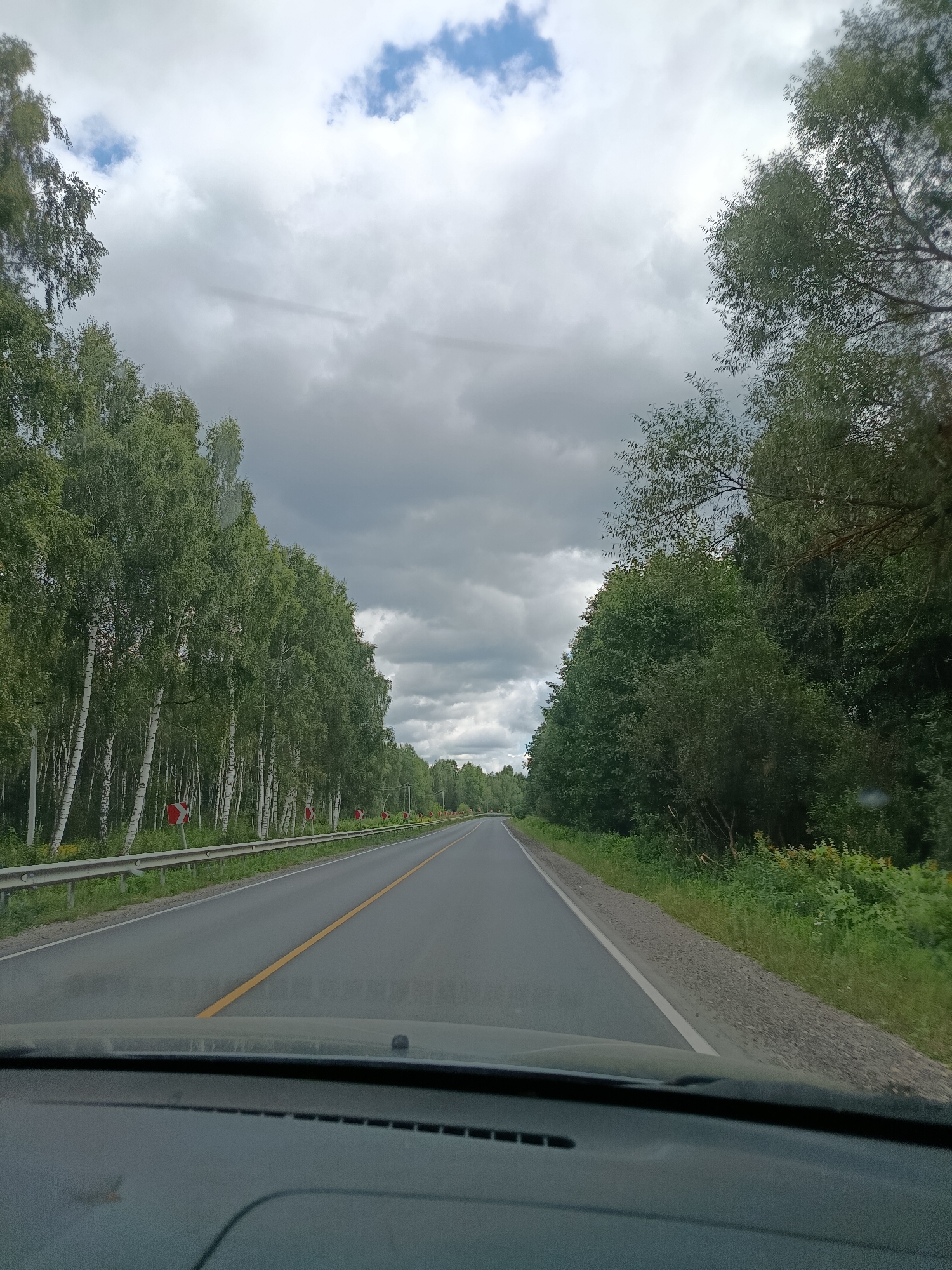 The image depicts a view from inside a vehicle driving on a paved road in a rural area. The road has a yellow dividing line and is bordered by a guardrail on the left. A dense line of birch trees with white trunks stands along the left side of the road, interspersed with some deciduous trees. On the right side, there is a line of dense green trees and vegetation. The sky is overcast with scattered clouds, some of which are dark gray, indicating a potentially cloudy or rainy day. Red and white directional signs indicating a curve in the road are visible along the guardrail. The foreground shows the dashboard of the vehicle, suggesting the perspective of a driver or passenger. The location is identified as 1-Go Maya, Russia.