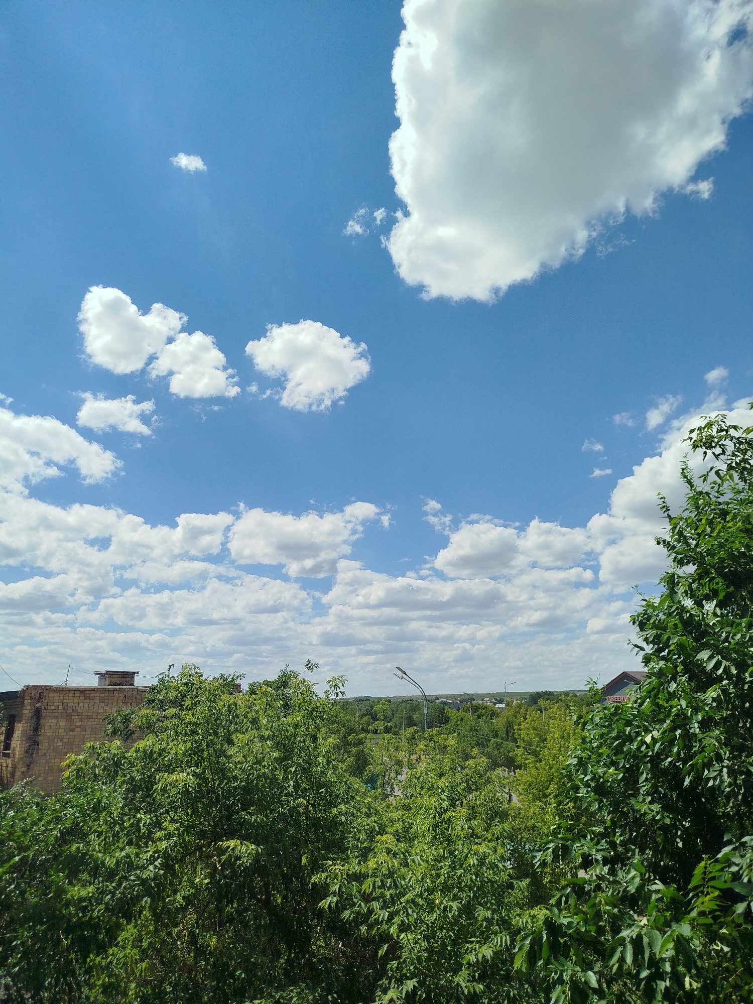 A bright, slightly hazy sky with numerous white, fluffy clouds is visible above a dense canopy of green trees. In the mid-ground, a row of trees is interspersed with scattered buildings, including a brick structure with a weathered appearance and a chimney. A few streetlights are also visible in the distance. The foreground is dominated by the lush green foliage of trees. The overall impression is a sunny day with a clear, blue sky.
