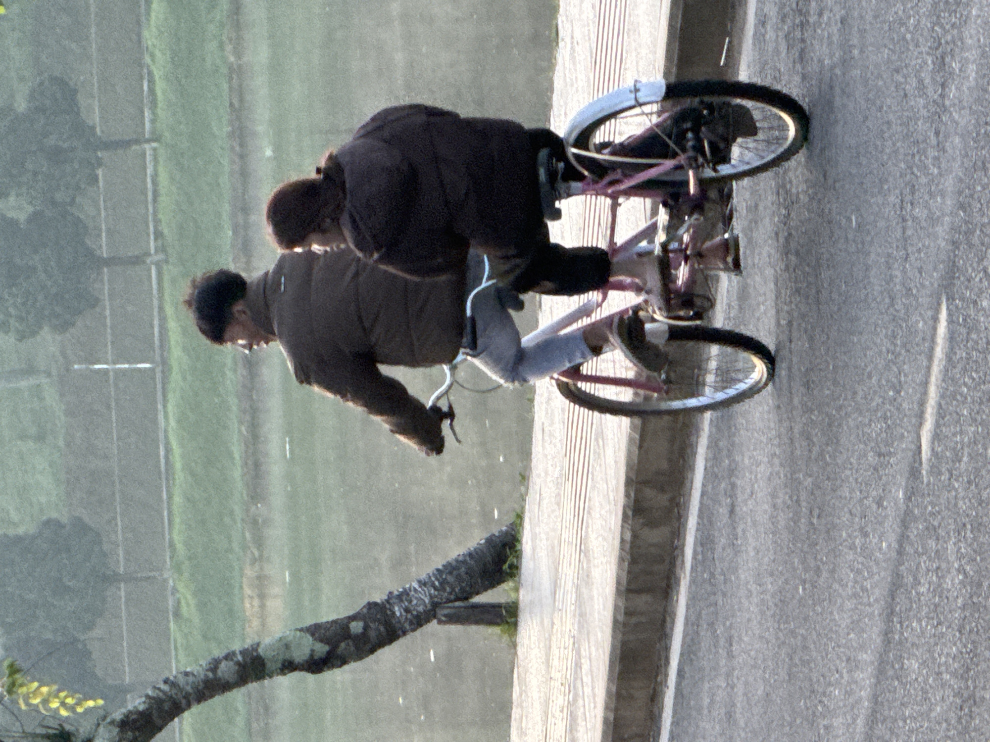Two individuals, a male and a female, are riding a tandem bicycle on a paved road. The male is seated in front, wearing a brown puffer jacket and light-colored pants. The female is behind him, wearing a dark puffer jacket. They are cycling on a road adjacent to a sidewalk made of light-colored paving stones. In the background, a body of water is visible, with trees lining its edge and in the distance. A distinctive leaning tree trunk with some foliage is on the left side of the image. The scene appears to be a scenic area, possibly a park or lakeside, in Phường Xuân Hương, Đà Lạt, Vietnam.