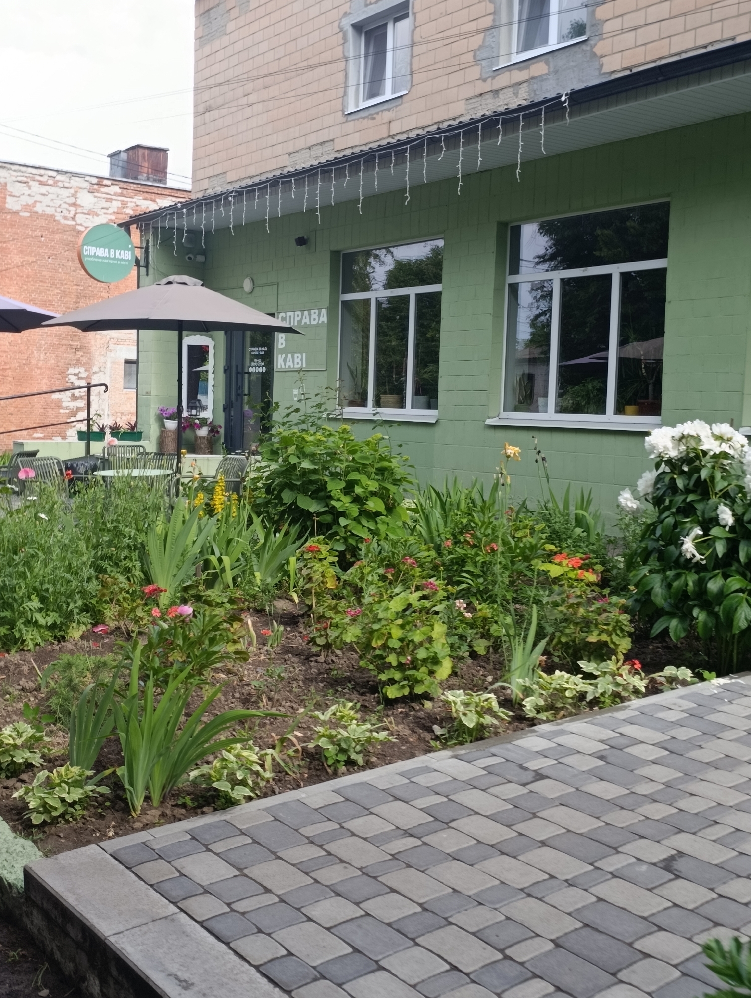 In Khorol, Ukraine, an outdoor seating area with tables and chairs is visible, some covered by umbrellas. A lush garden bed in front of a light green building displays a variety of flowering plants, including white peonies and red and pink flowers. The building has large windows and a sign that reads "СПРАВА В КАВІ" in Ukrainian. The pavement in front of the garden is made of grey and dark grey interlocking pavers. A brick building is partially visible to the left of the green building.