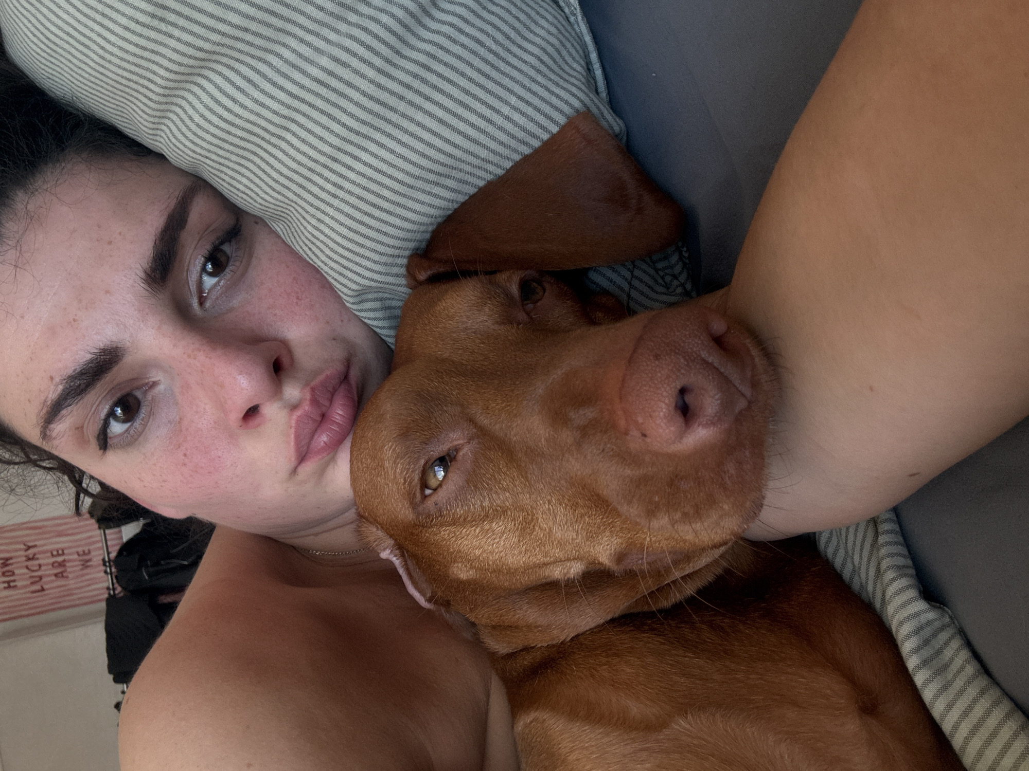 The image depicts an adult female and a reddish-brown Vizsla-type dog lying together in a domestic setting, likely a bed. The scene is situated in Sofia, Bulgaria.
The female, positioned in the upper right half of the frame, has fair skin with visible freckles and some redness on her cheeks. Her dark brown eyes are open, with visible eyeliner, and her full lips are pursed in a slight pout. Her dark hair is visible around her head. She rests her head on a pillow with light grey and white vertical stripes. Her bare shoulder and upper arm are visible, adorned with a thin gold chain necklace.
The dog, a lean Vizsla with a solid reddish-brown coat, occupies the lower left half of the frame. Its head rests intimately on the female's outstretched arm. One of its amber-colored eyes is partially open, reflecting light, while the other is mostly obscured by its floppy right ear. Its pinkish-brown nose is prominent at the bottom center.
The bedding consists of a plain grey sheet or duvet cover beneath the dog and arm, and a striped pillow matching a duvet cover or blanket beneath the dog's body. In the background, behind the female's head, a light-colored wall features a vertically striped poster (red and white) with the text "HOW LUCKY ARE WE" in red uppercase letters. Dark clothing items are visible on a hanger or rack behind her shoulder. The overall lighting suggests an indoor environment.